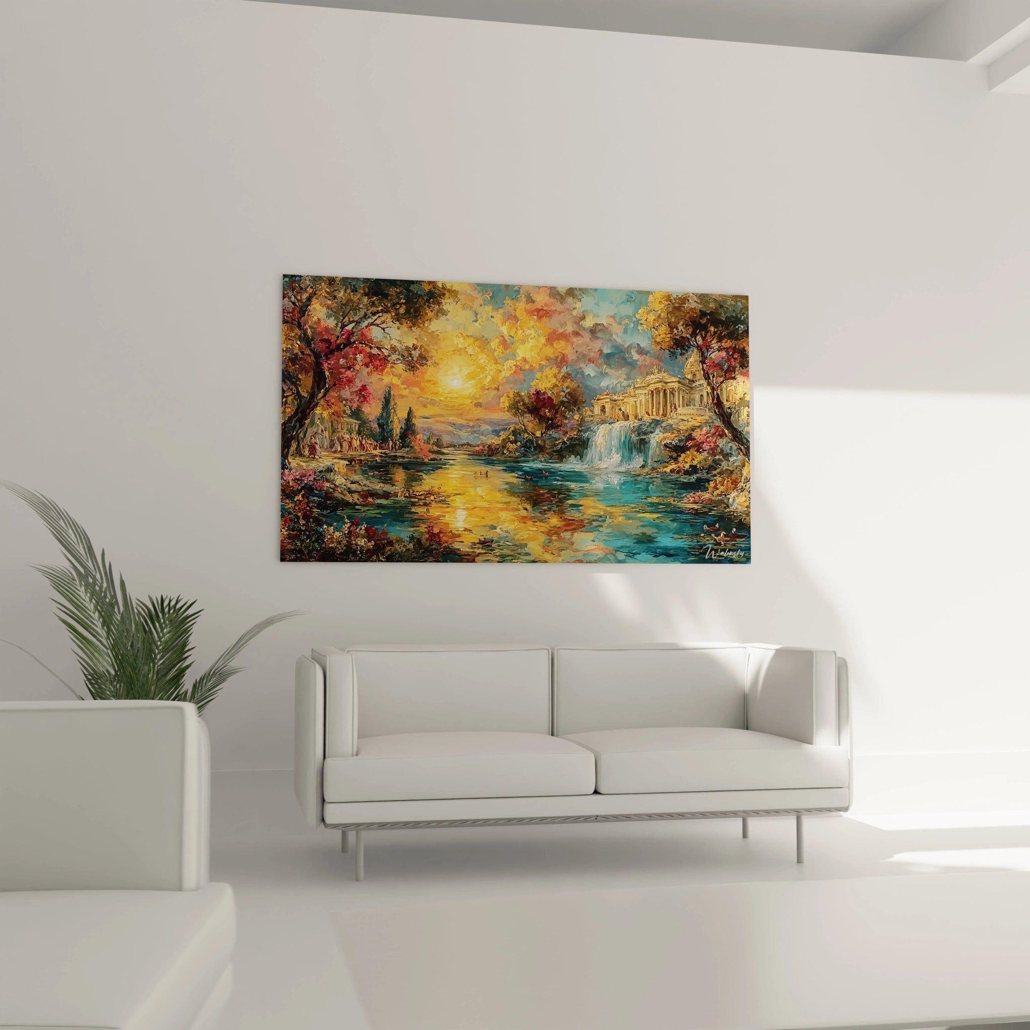tableau paysage baroque Walensky scène colorée avec cascade temple classique arbres d automne reflet sur eau dans salon blanc