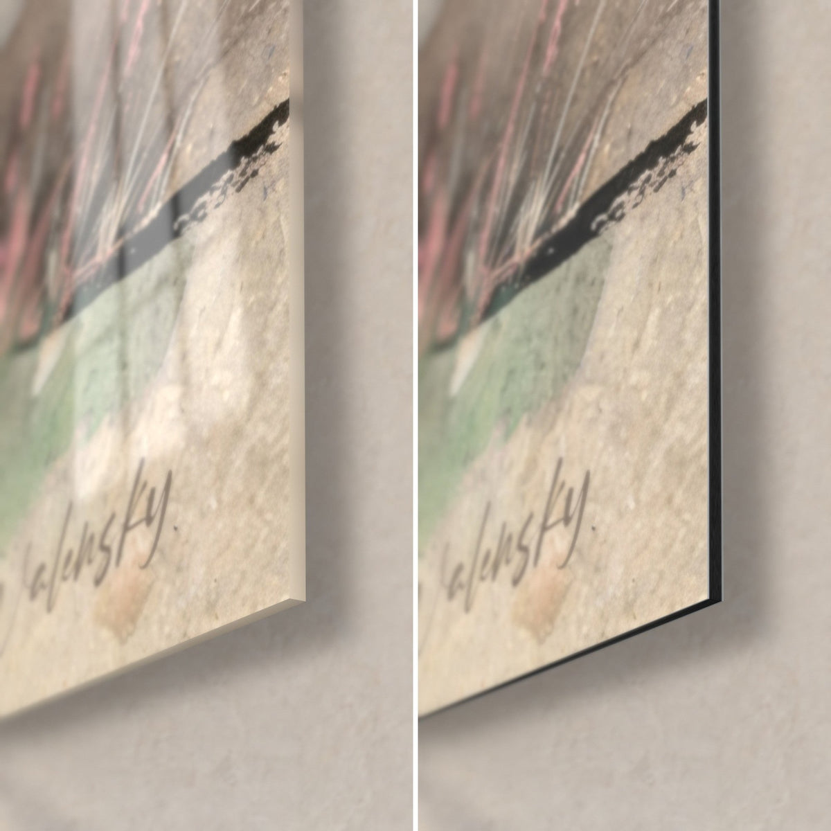 Gemälde Wüstenmotiv in Aquarell, untere rechte Ecke: glänzendes Acrylglas mit Reflexionen, mattes Alu-Dibond, schwarze 3-mm-Kante