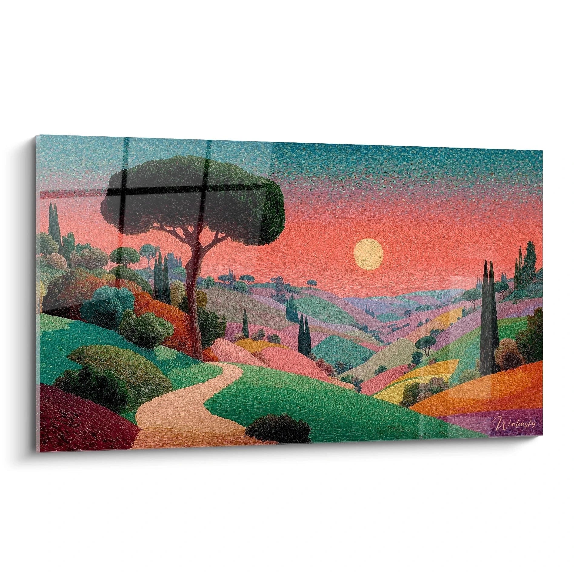 Walensky tableau paysage toscan coucher de soleil stylisé avec collines ondulées cyprès chemin au crépuscule