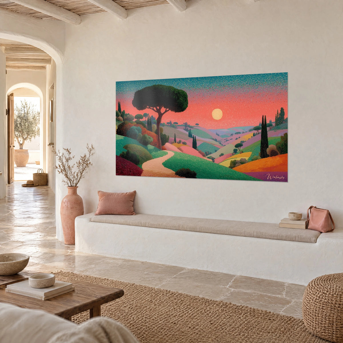 Wall art Tuscan hill in pointillist dabs, coral and turquoise sky, black cypresses, hung in a Mediterranean home