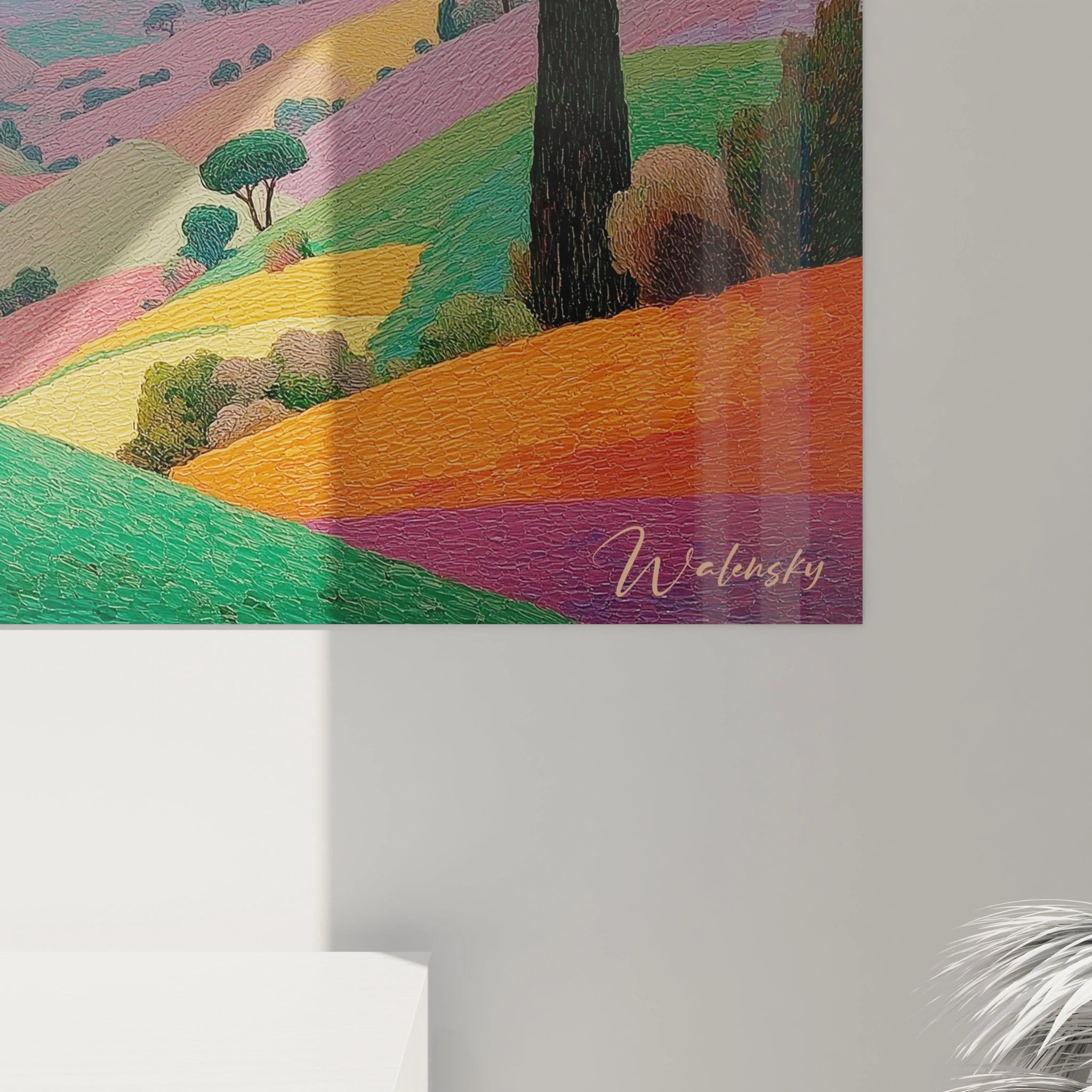 Tableau mural Walensky présentant tableau paysage toscan coucher de soleil avec collines vives cyprès et texture peinte