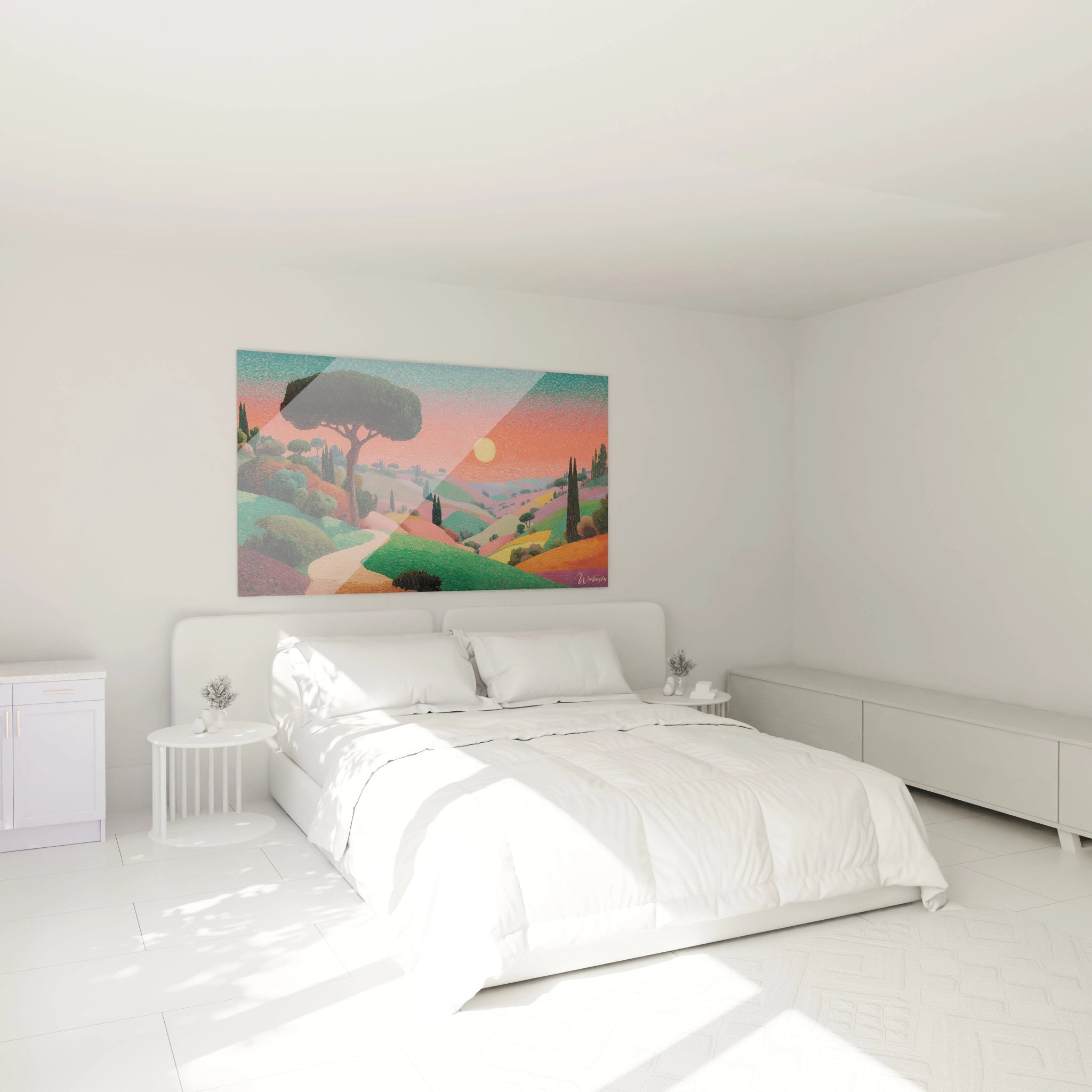 Tableau mural Walensky tableau paysage toscan coucher de soleil aux couleurs pastel suspendu au dessus d un lit blanc