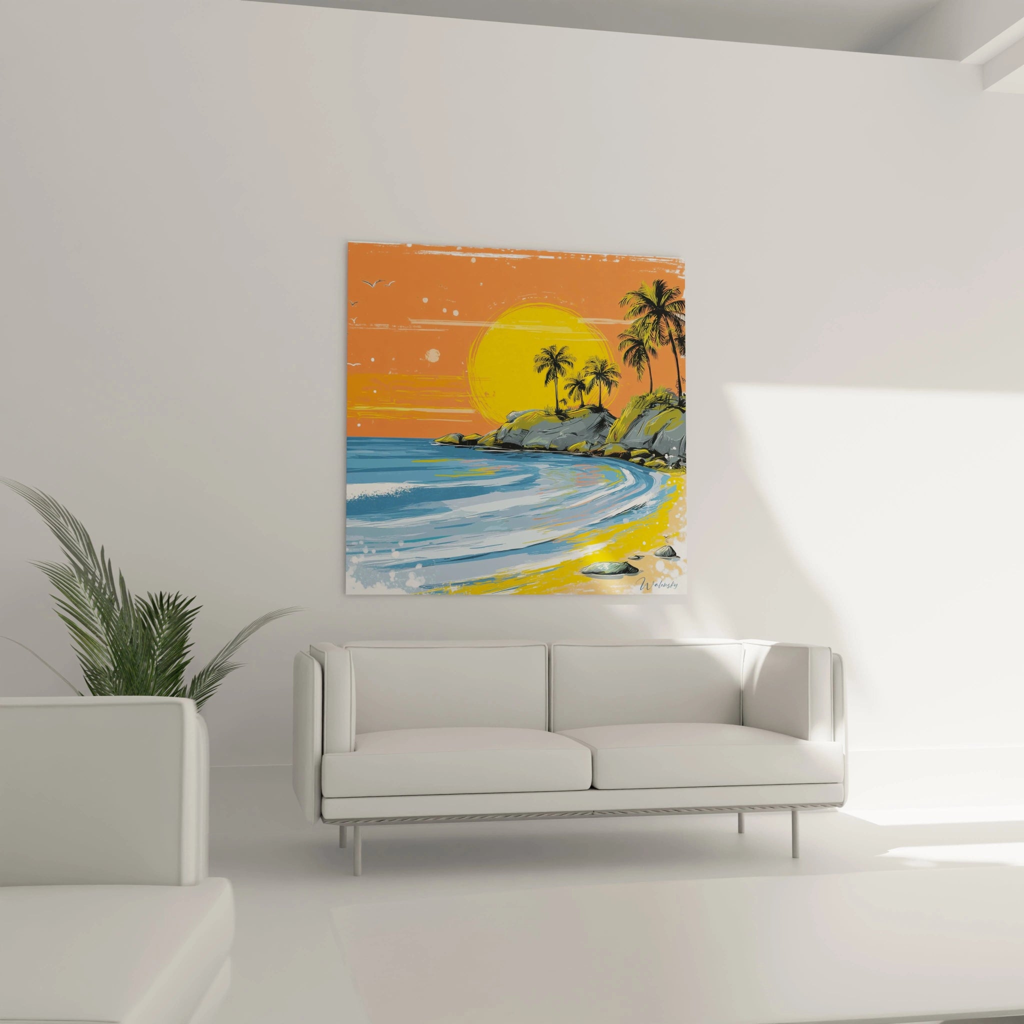 Salon moderne avec canapé blanc et tableau paysage tropical Walensky montrant une scène sombre de soldats dans la brume