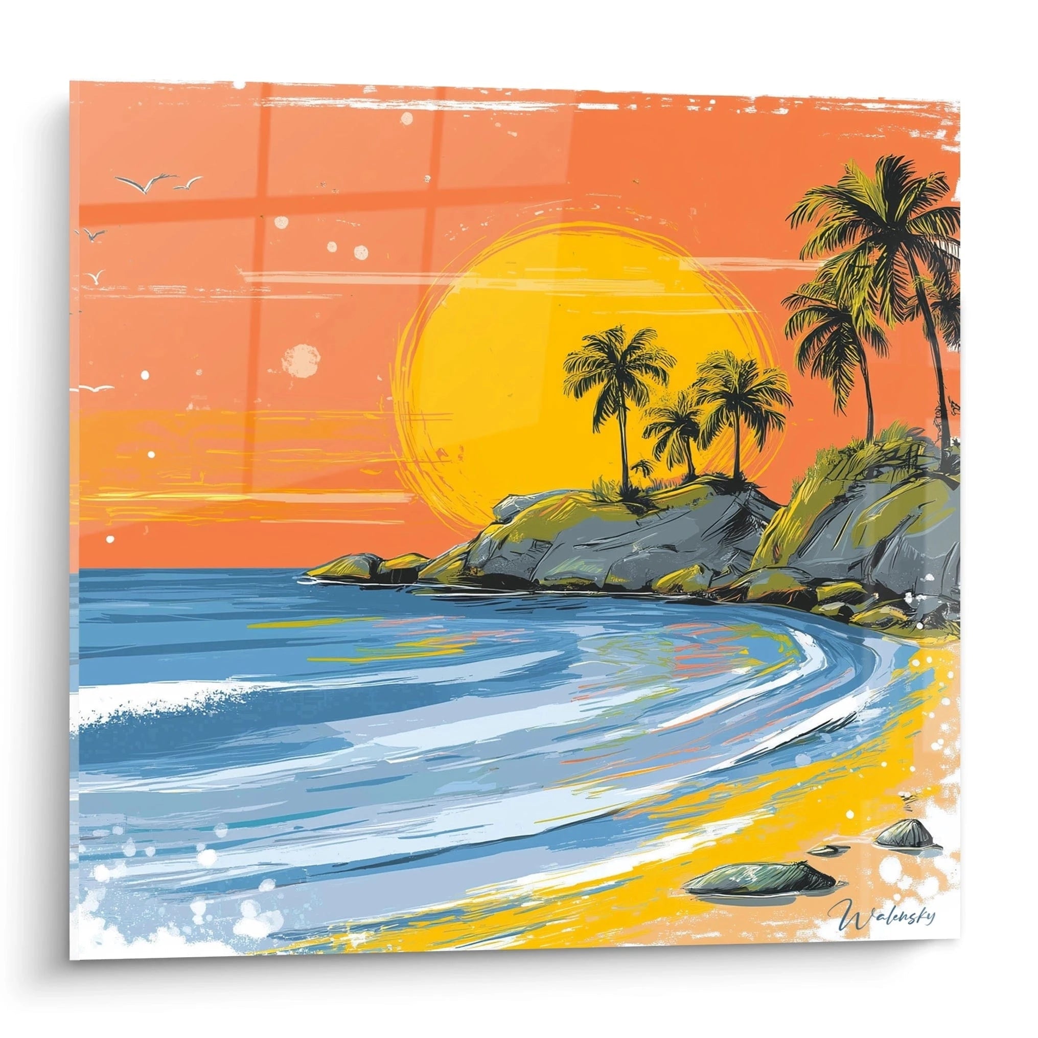 tableau paysage tropical Walensky paysage de plage au coucher de soleil palmiers rochers vagues colorees