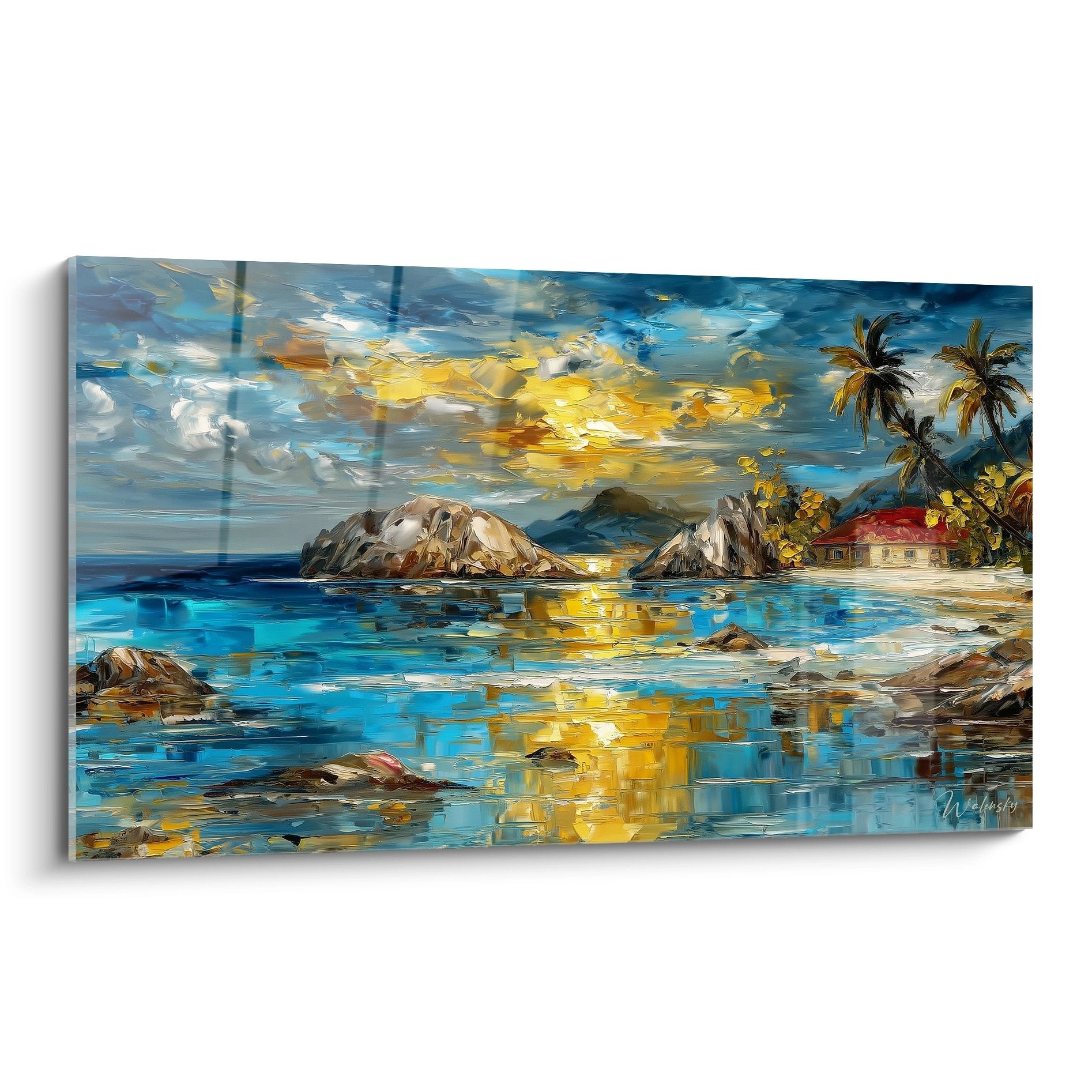 Tableau paysage tropical coucher soleil plage paradisiaque palmiers reflets dorés océan turquoise rochers