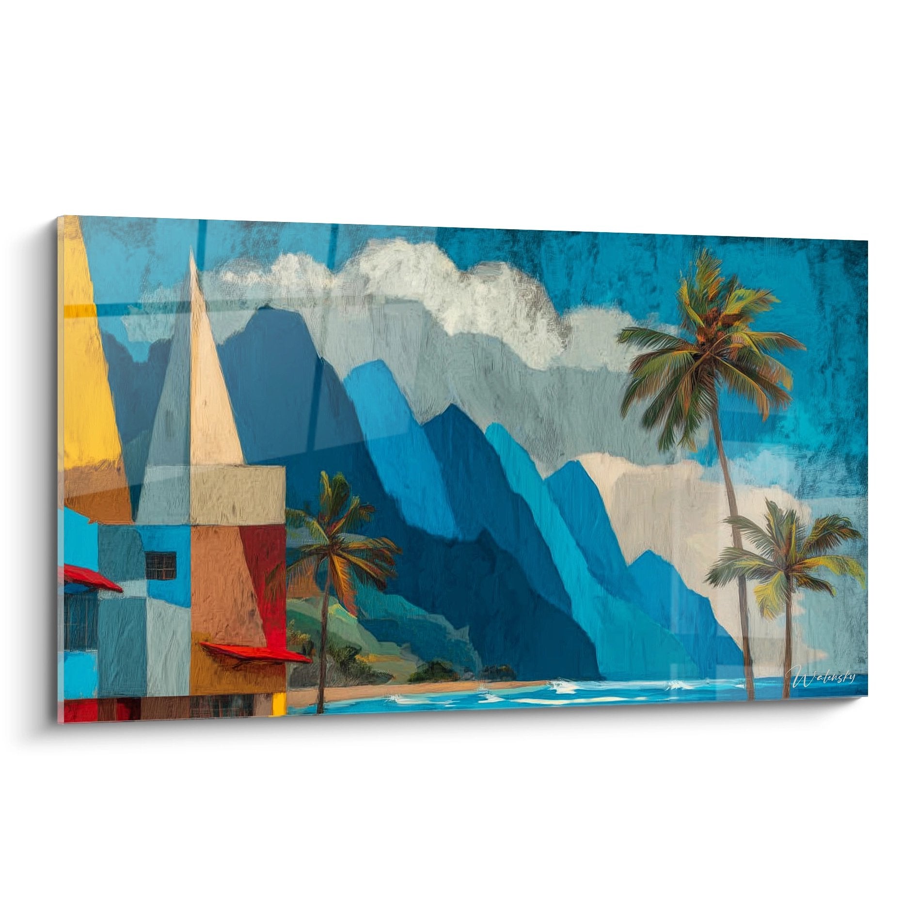 Tableau paysage tropical moderne avec montagnes bleues, palmiers et voiliers - Collection Iles et archipels