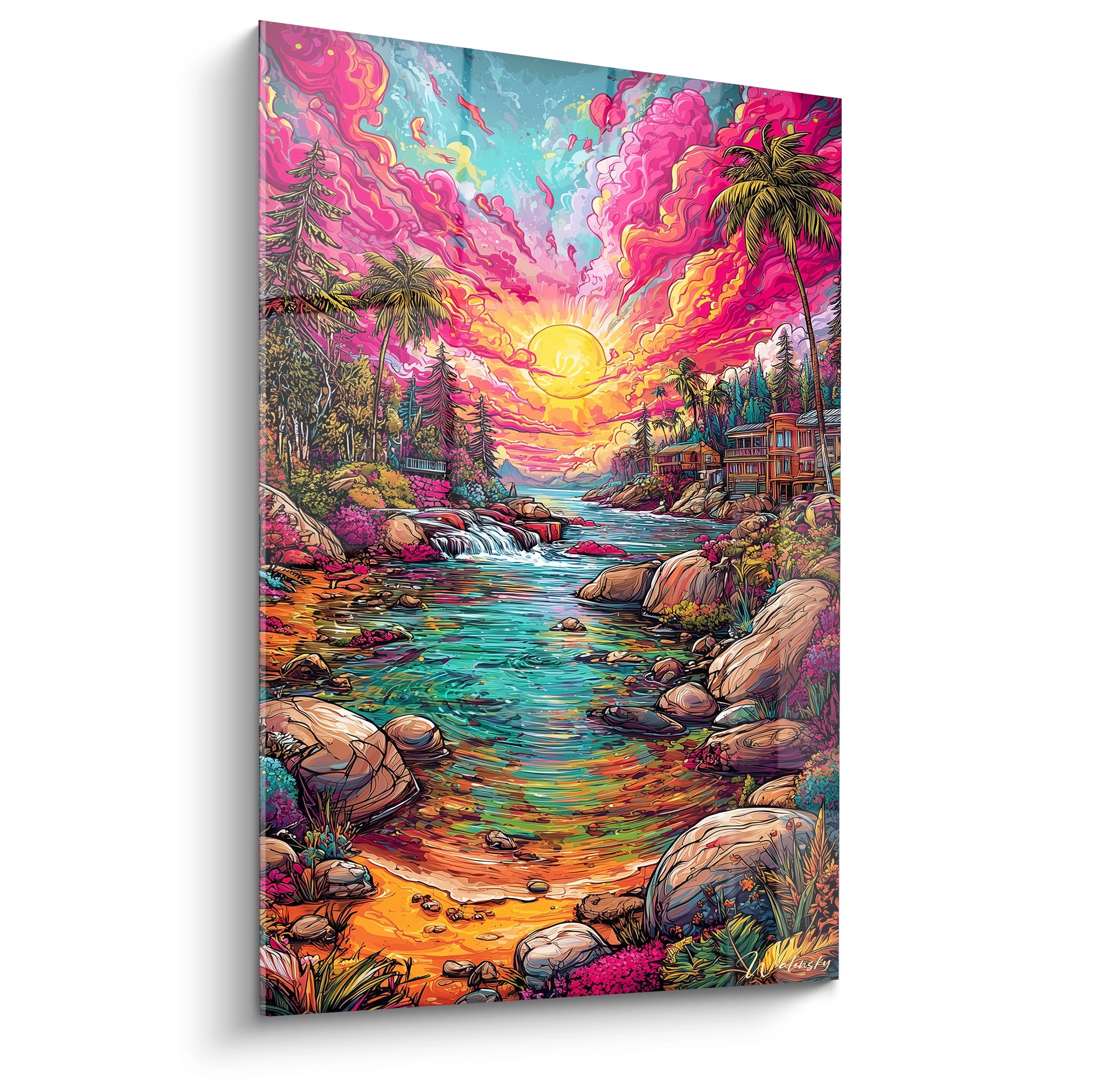Tableau mural paysage tropical paradisiaque style bande dessinée avec coucher soleil rose et rivière turquoise