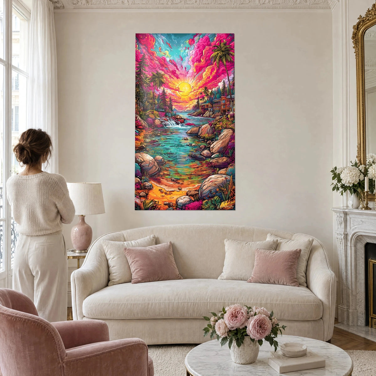 Cuadro cala tropical en fucsia y turquesa, sol amarillo, palmeras, sobre un sofá en un salón luminoso