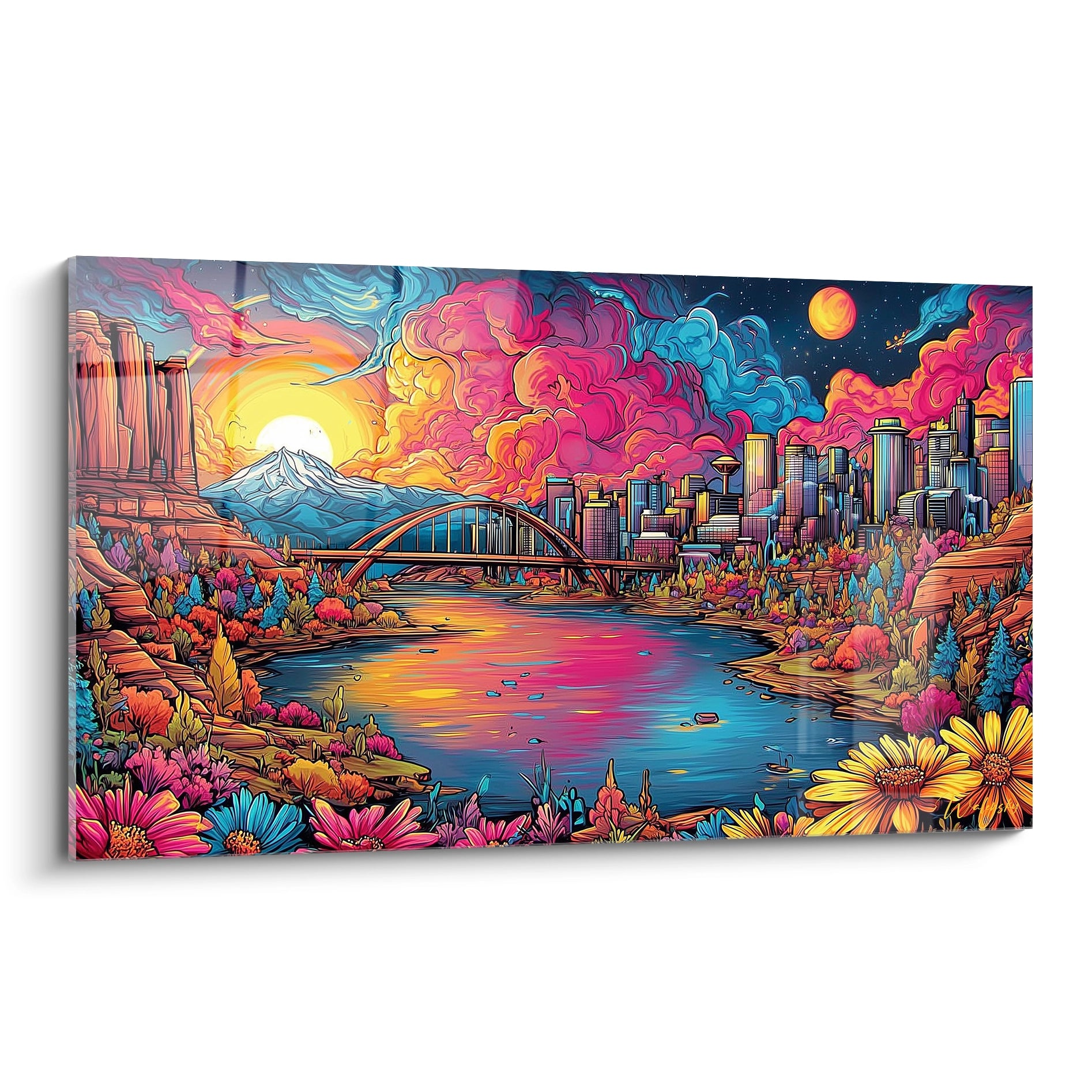 Tableau mural paysage urbain fantastique aux couleurs vibrantes avec ville moderne et nuages colorés