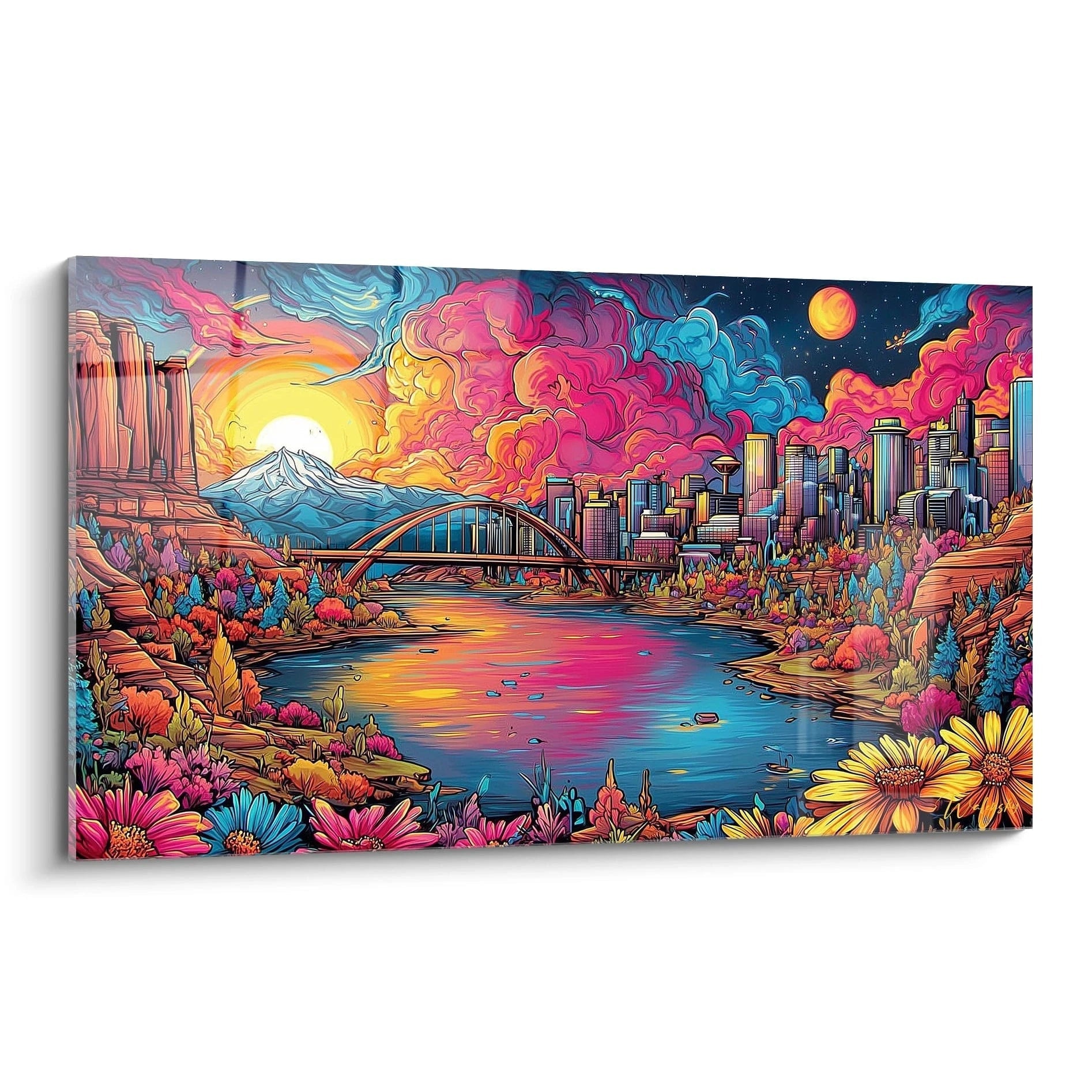 Tableau mural paysage urbain fantastique aux couleurs vibrantes avec ville moderne et nuages colorés