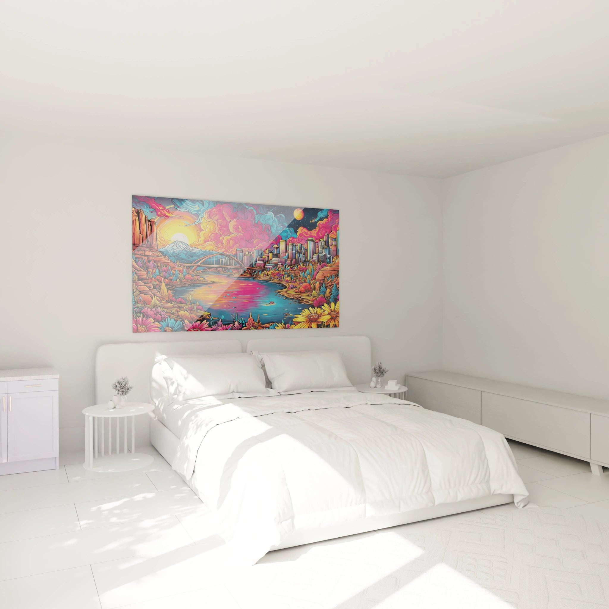 Décoration chambre avec tableau paysage urbain coloré dans ambiance cosy et moderne