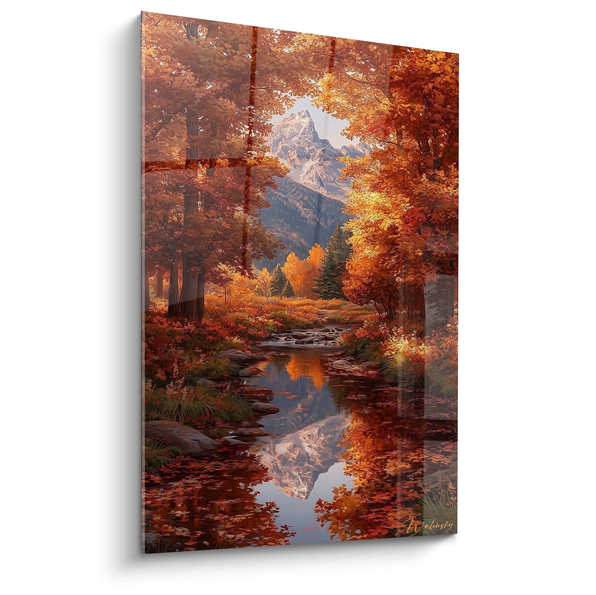 Tableau mural Walensky tableau paysage automne montrant montagne se refletant dans un ruisseau et arbres oranges