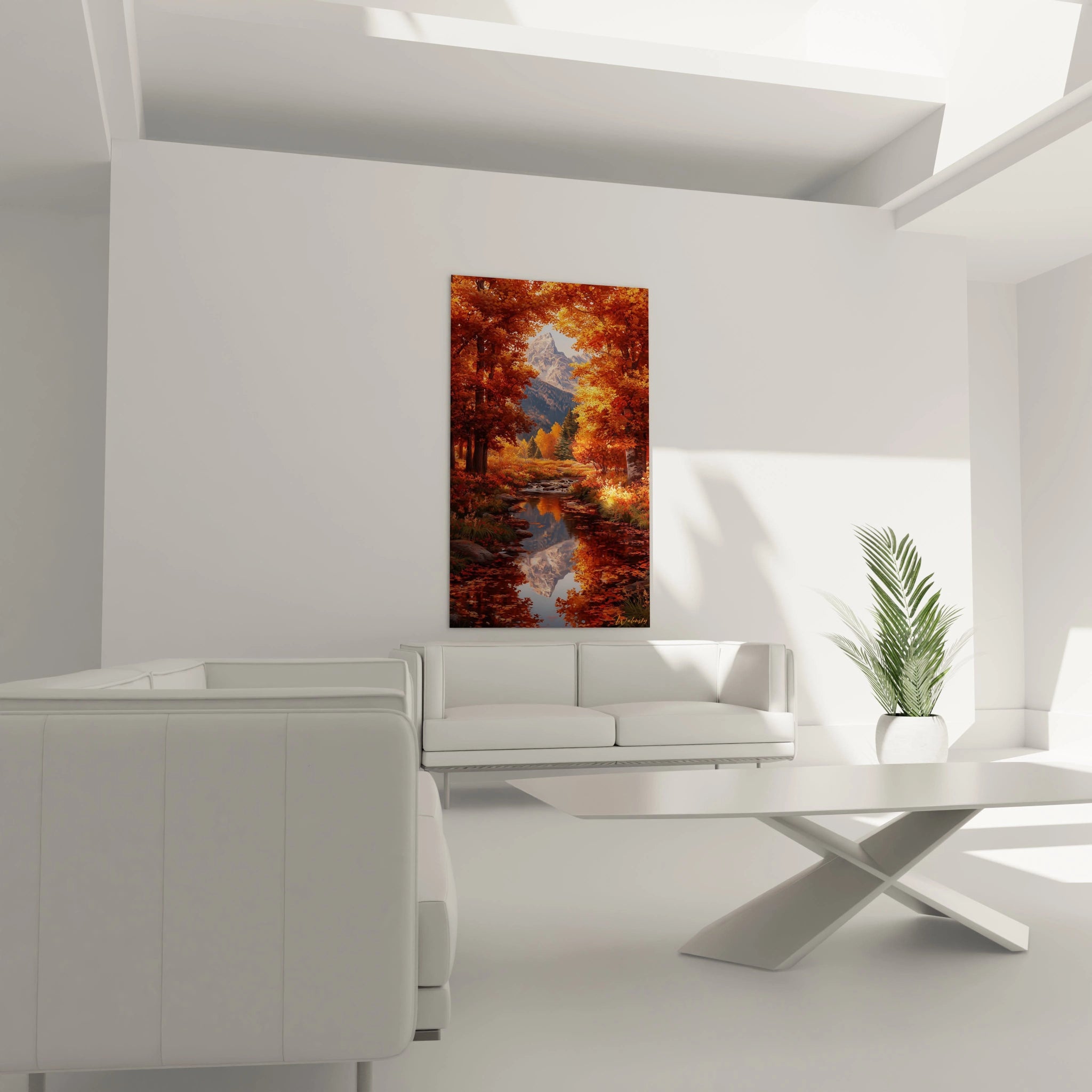 tableau paysage automne Walensky mural vertical arbres rouges reflet riviere montagne salon blanc minimaliste