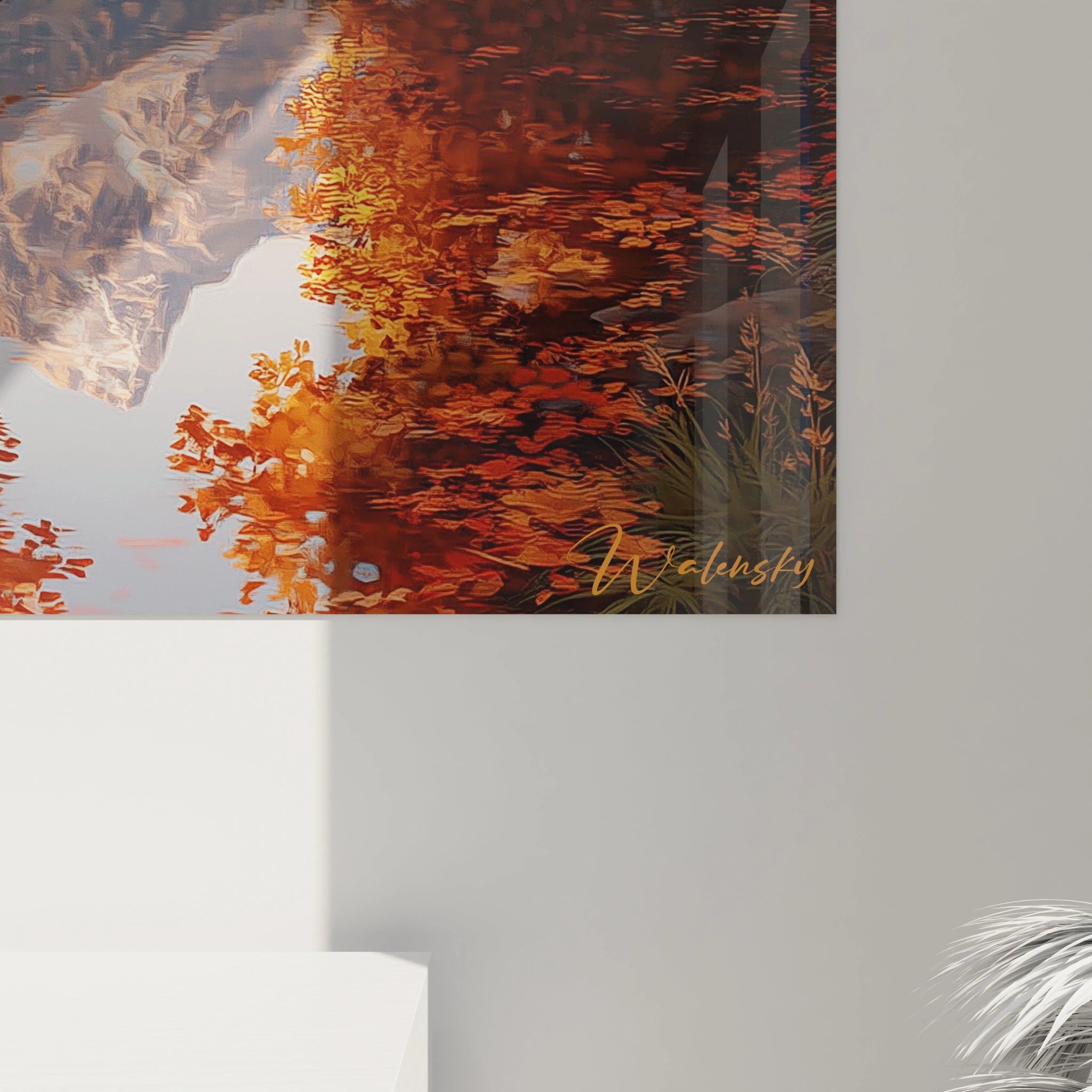 Tableau mural Walensky montrant reflet de feuilles orange sur eau dans salon decor moderne tableau paysage automne