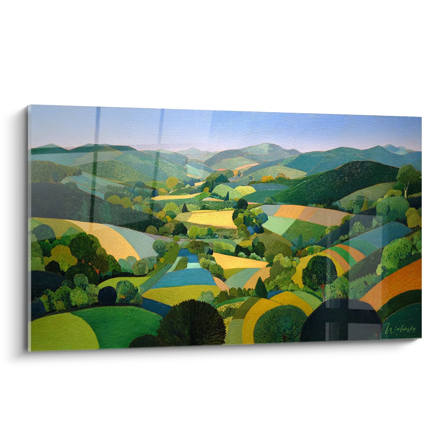 Tableau paysage vallée verdoyante avec collines et champs colorés style campagne moderne