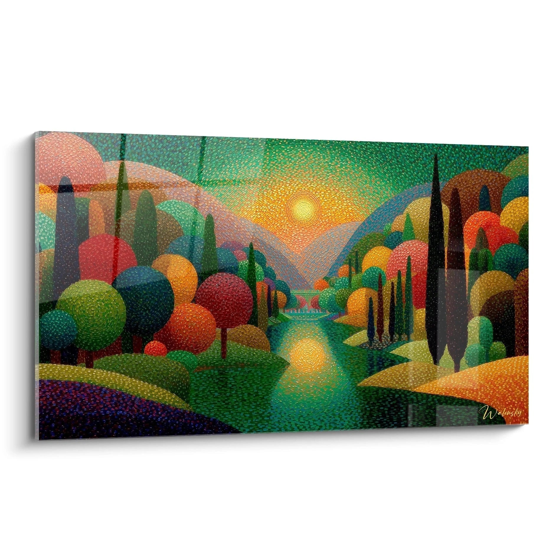 tableau paysage pointillisme Walensky peinture murale colorée de paysage au soleil rivière et collines