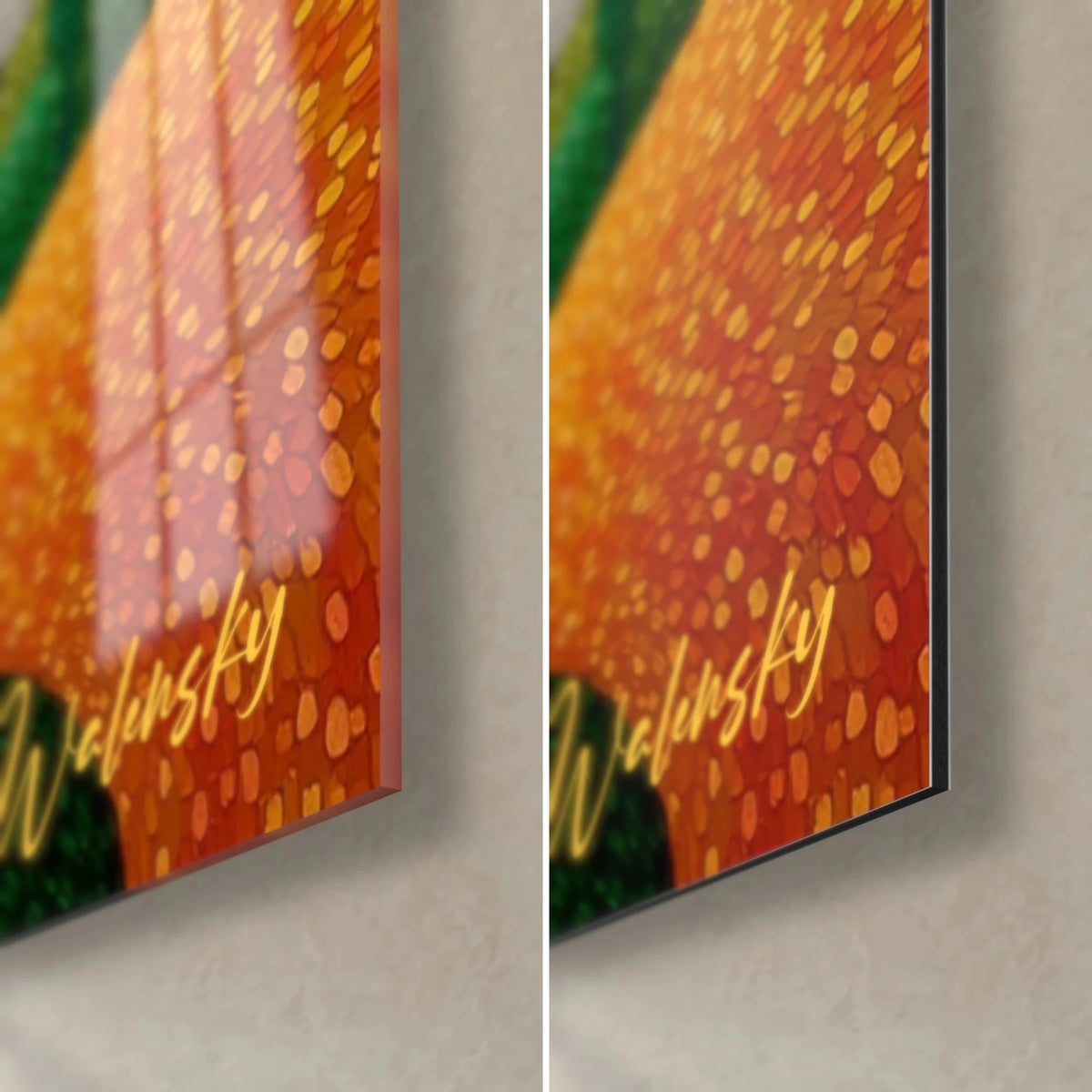 Gemälde Pointillistische Landschaft, orangefarbene Ecke unten rechts, glänzendes Glas mit Reflexen und mattes Dibond, 3 mm Kante sichtbar