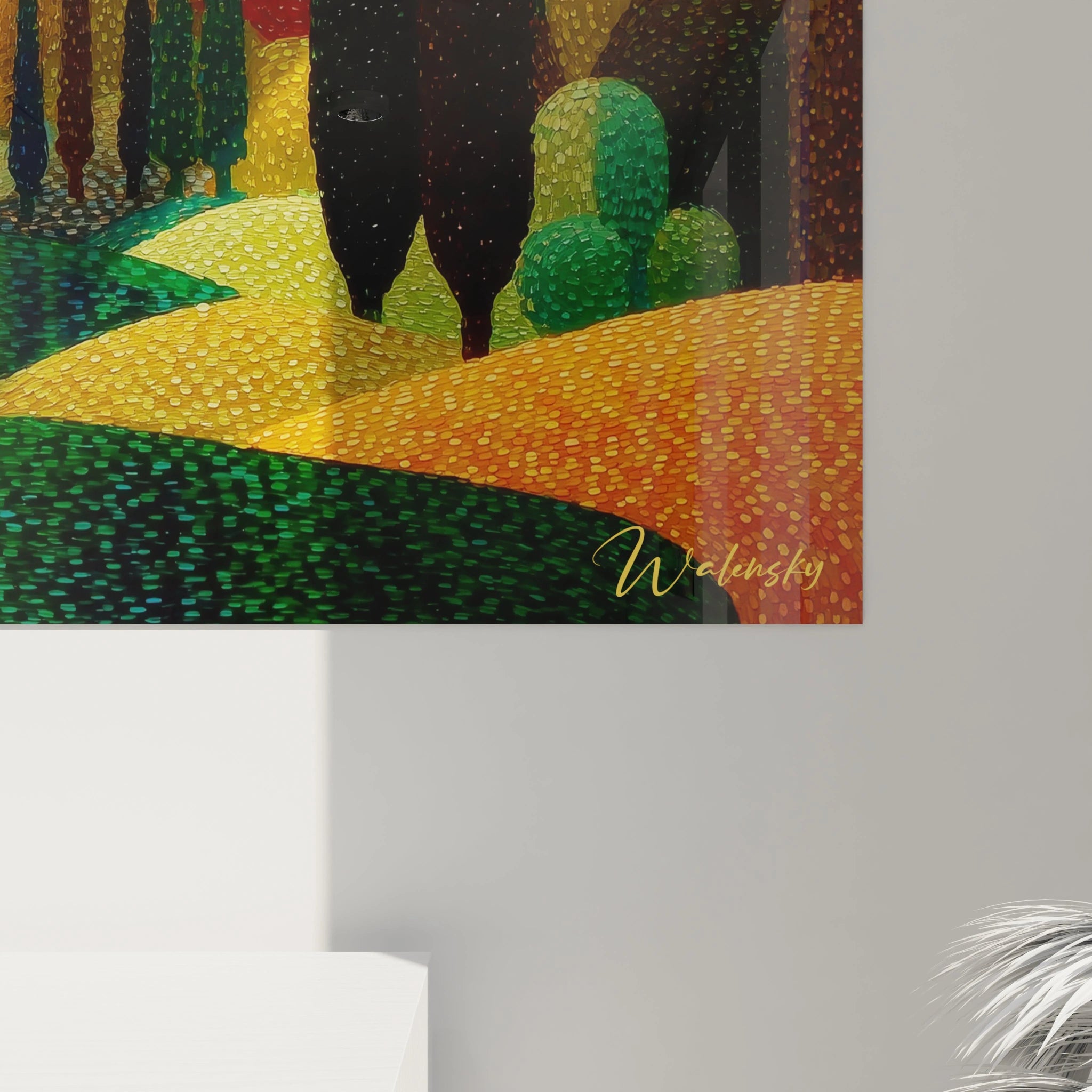 tableau paysage pointillisme Walensky peinture murale colorée avec collines pointillistes et arbres stylisés