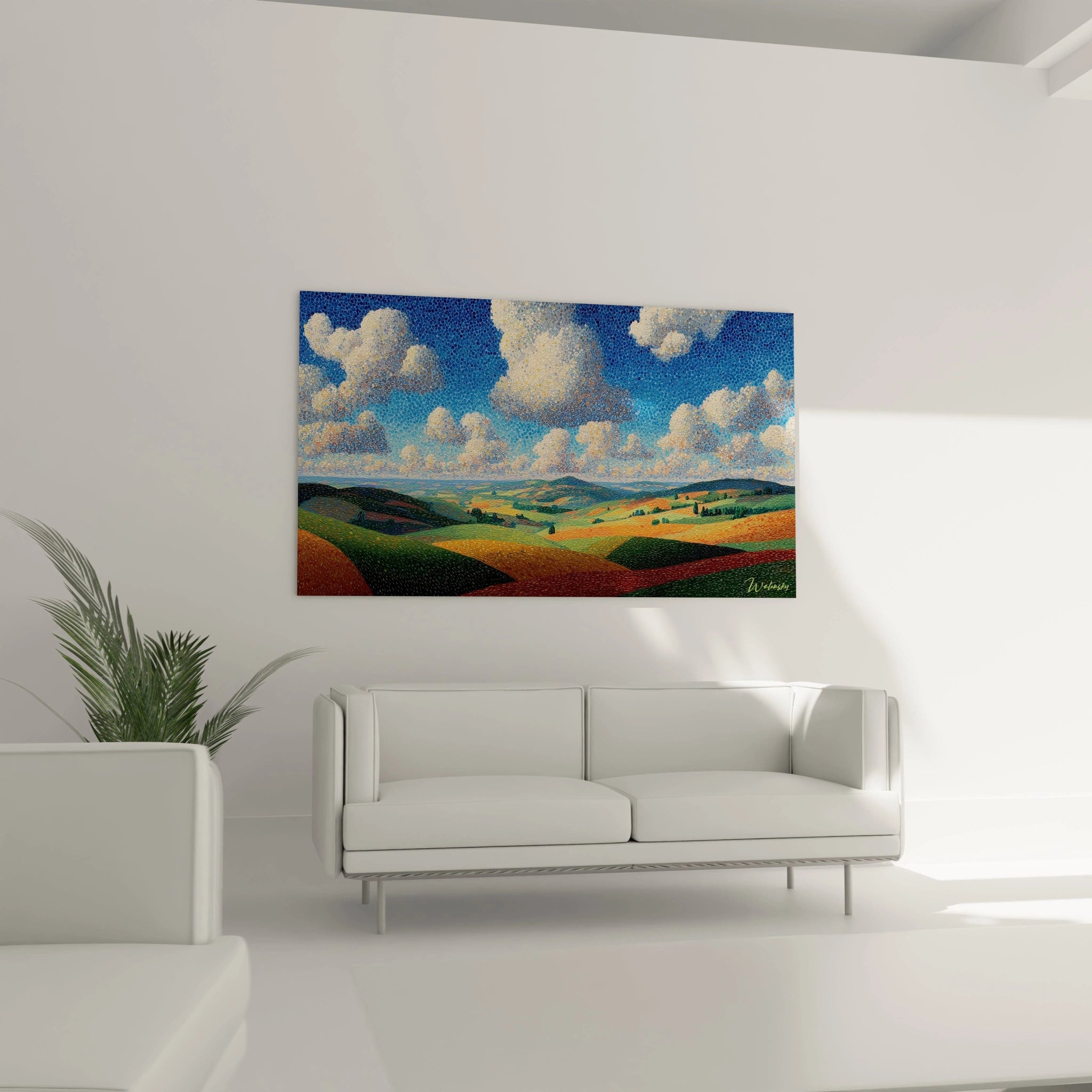 tableau paysage pointillisme de Walensky représentant collines colorées sous ciel nuageux décor mural moderne