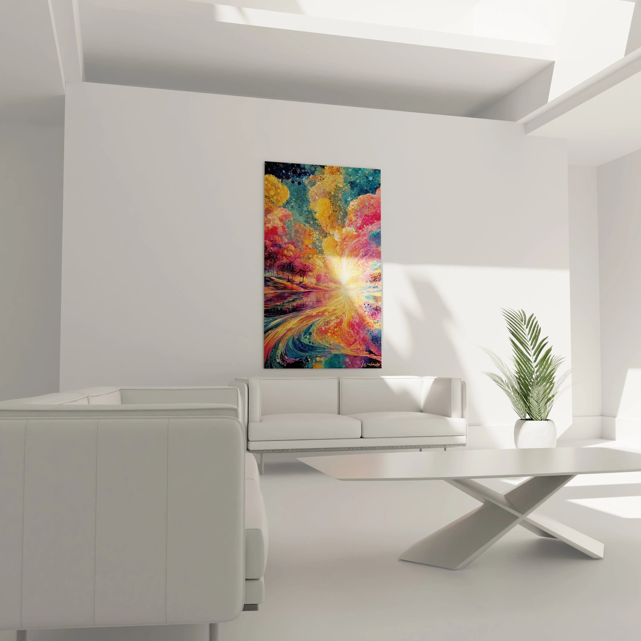 Tableau mural Walensky tableau paysage coloré pointillisme vibrant accroché au dessus du canapé blanc dans salon minimaliste