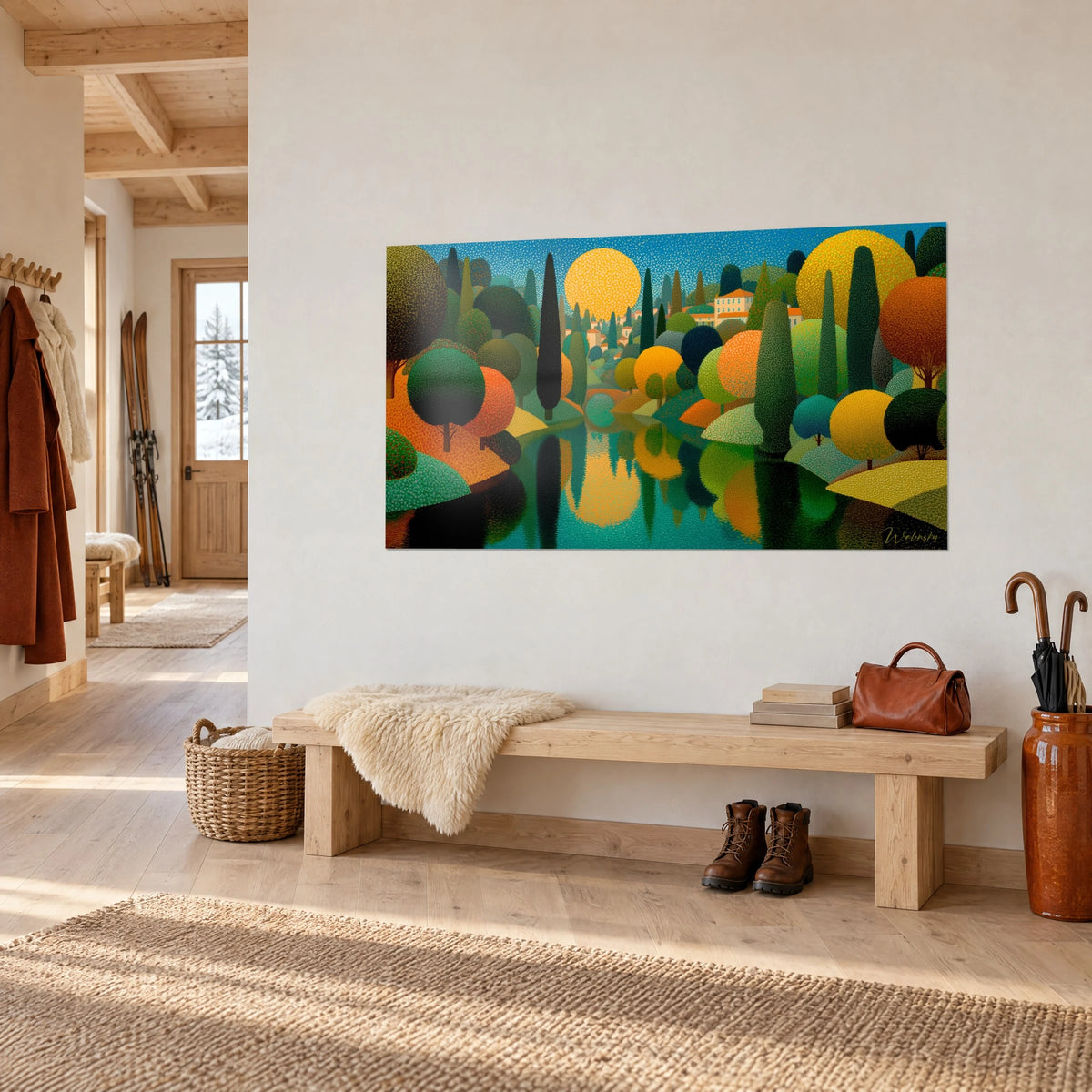Schilderij pointillistisch landschap met donkere cipressen en okerkleurig gebladerte, turquoise weerspiegelingen op het water, aan een lichte chaletmuur