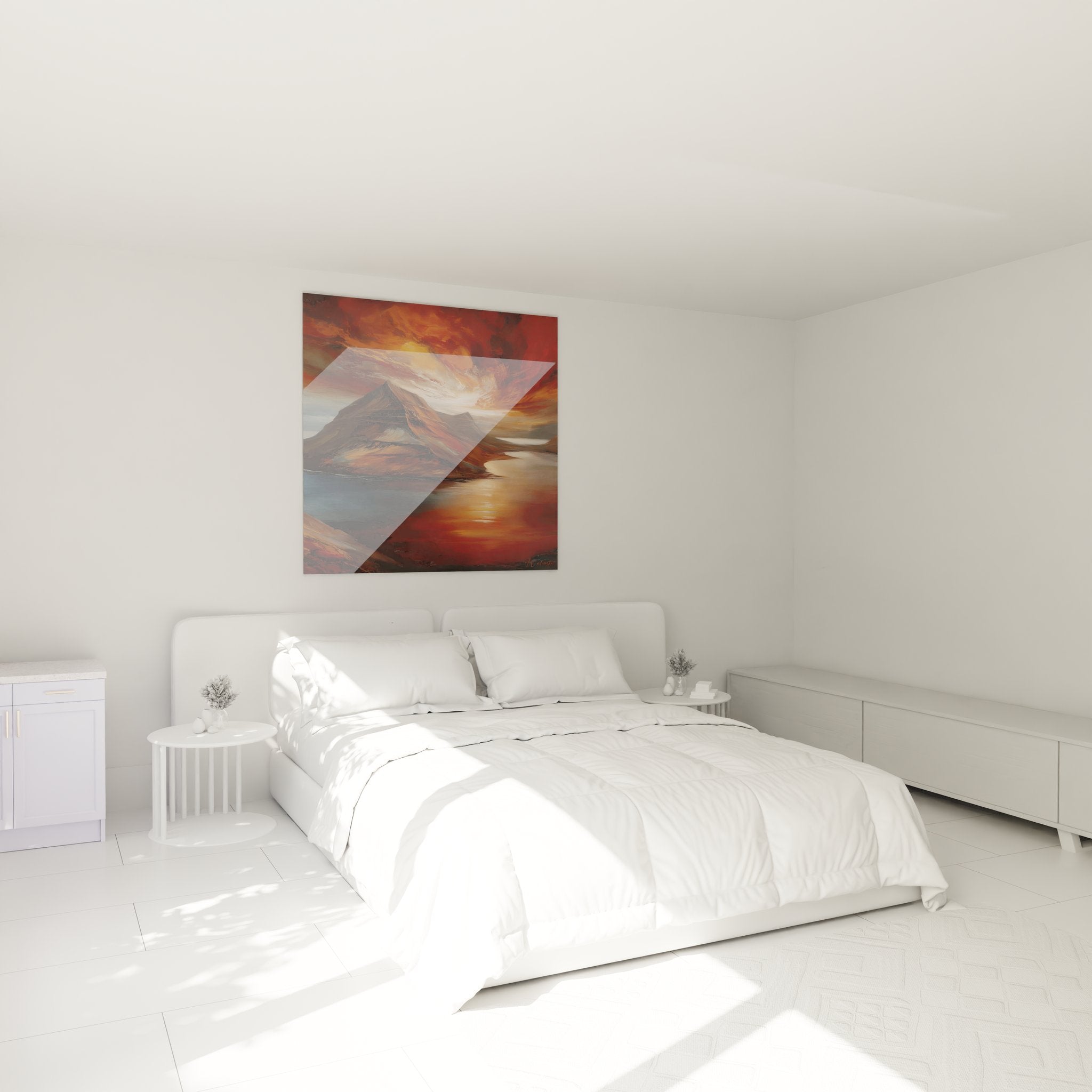 Ambiance chambre avec tableau décoratif paysage volcanique aux couleurs chaudes sur mur blanc