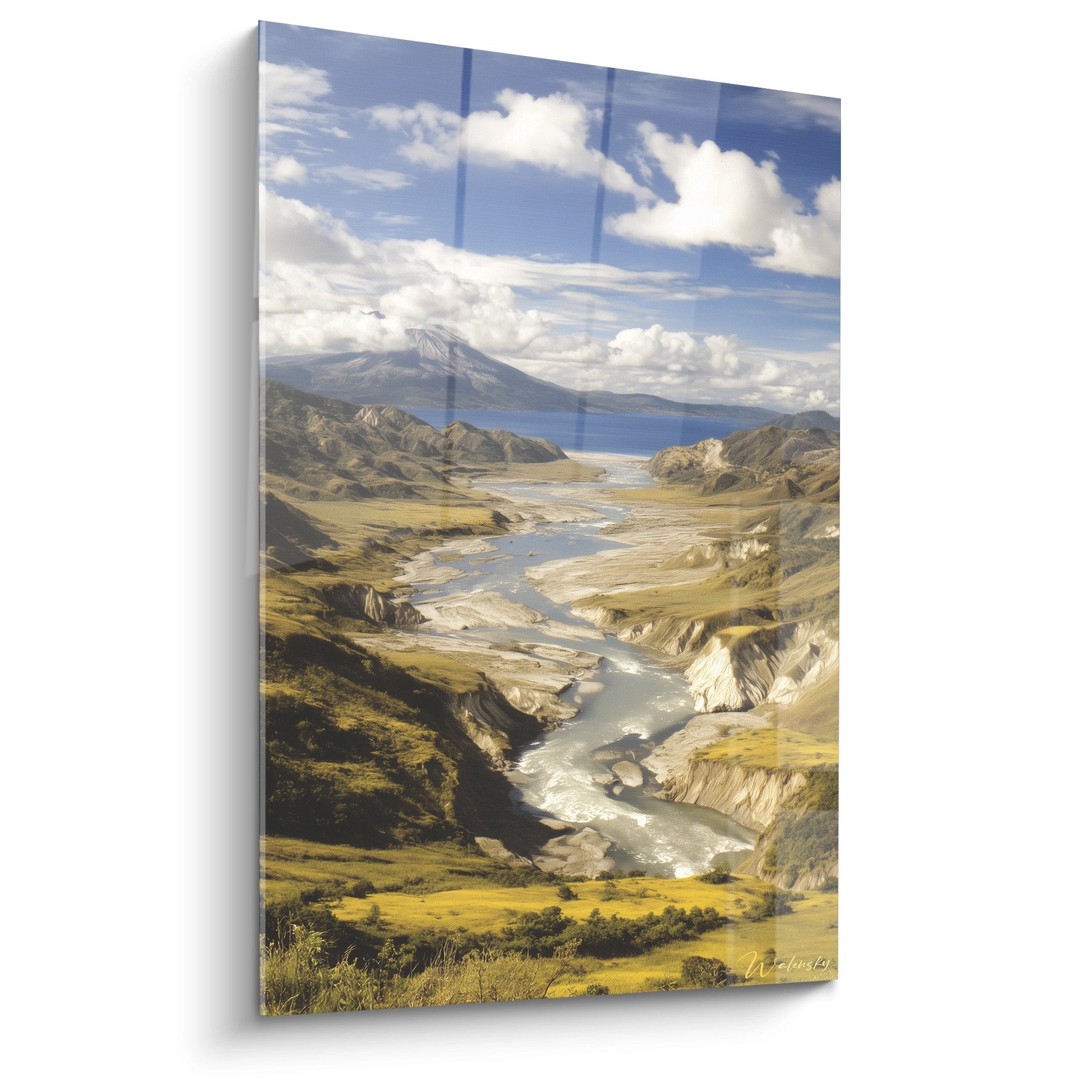 Tableau paysage volcanique islandais avec rivière serpentant vallée dorée volcan arrière-plan ciel nuageux