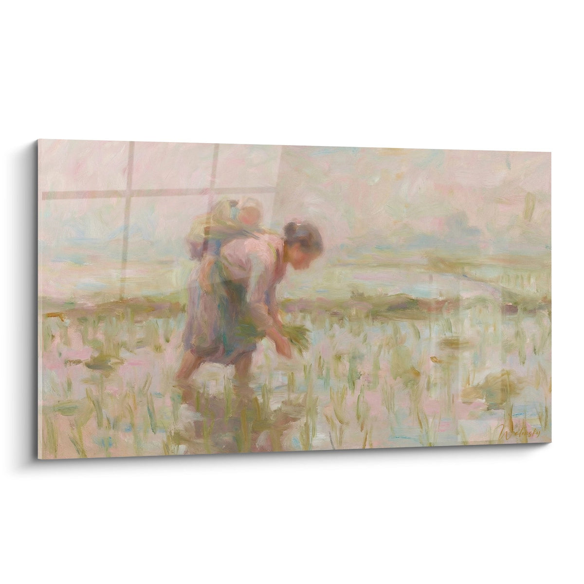 Farmers Rice Paddies Pastel Pink Green - Rural Labor