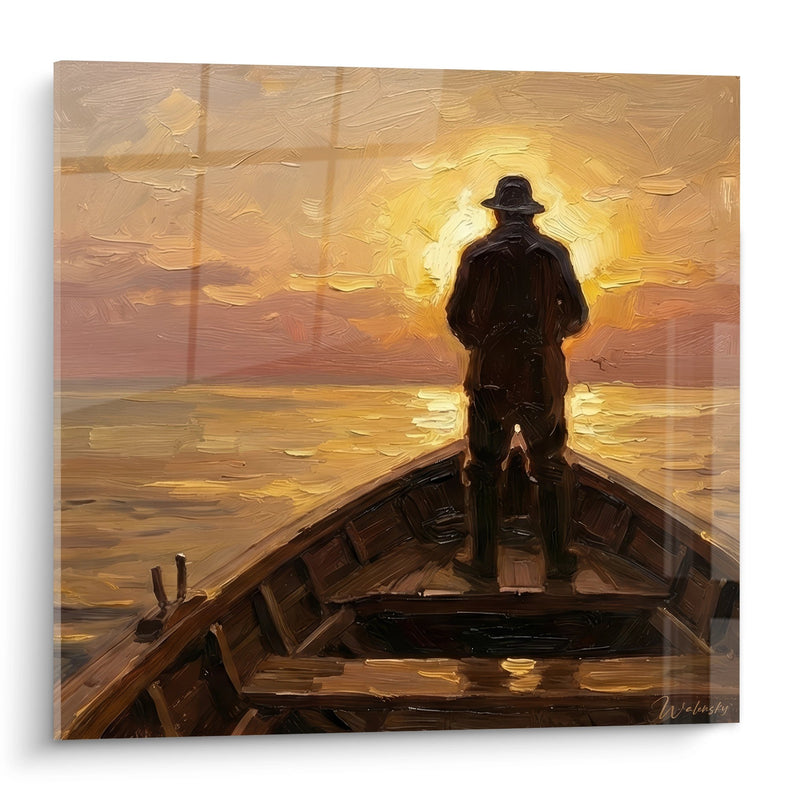 Bild Einsame Silhouette im Boot bei goldenem Sonnenuntergang - Meditative Betrachtung - Flussangeln-Edition