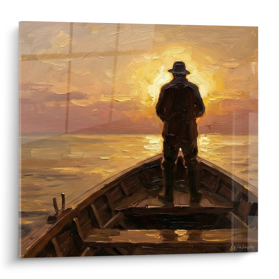 Tableau Silhouette Solitaire sur Barque au Coucher de Soleil Doré - Contemplation Aquatique - Edition Pêche en rivière
