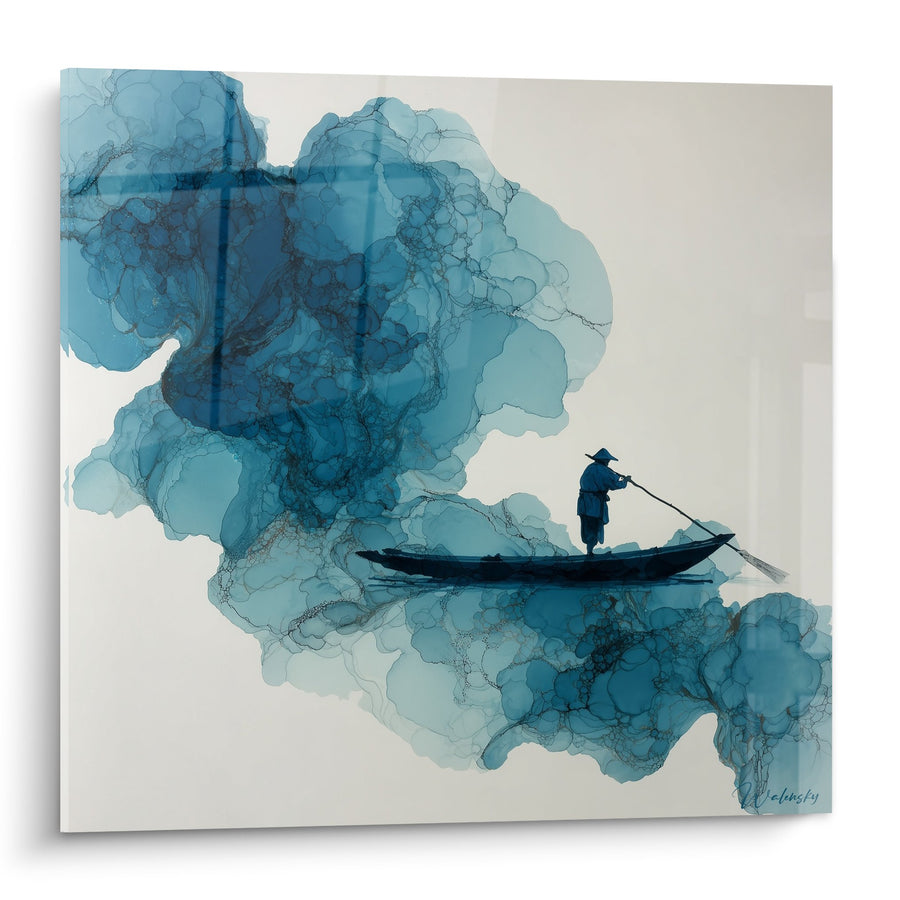 Tableau pêcheur solitaire sur barque avec nuages bleus aquarelle - Sérénité aquatique - Edition Feng shui Nord Eau