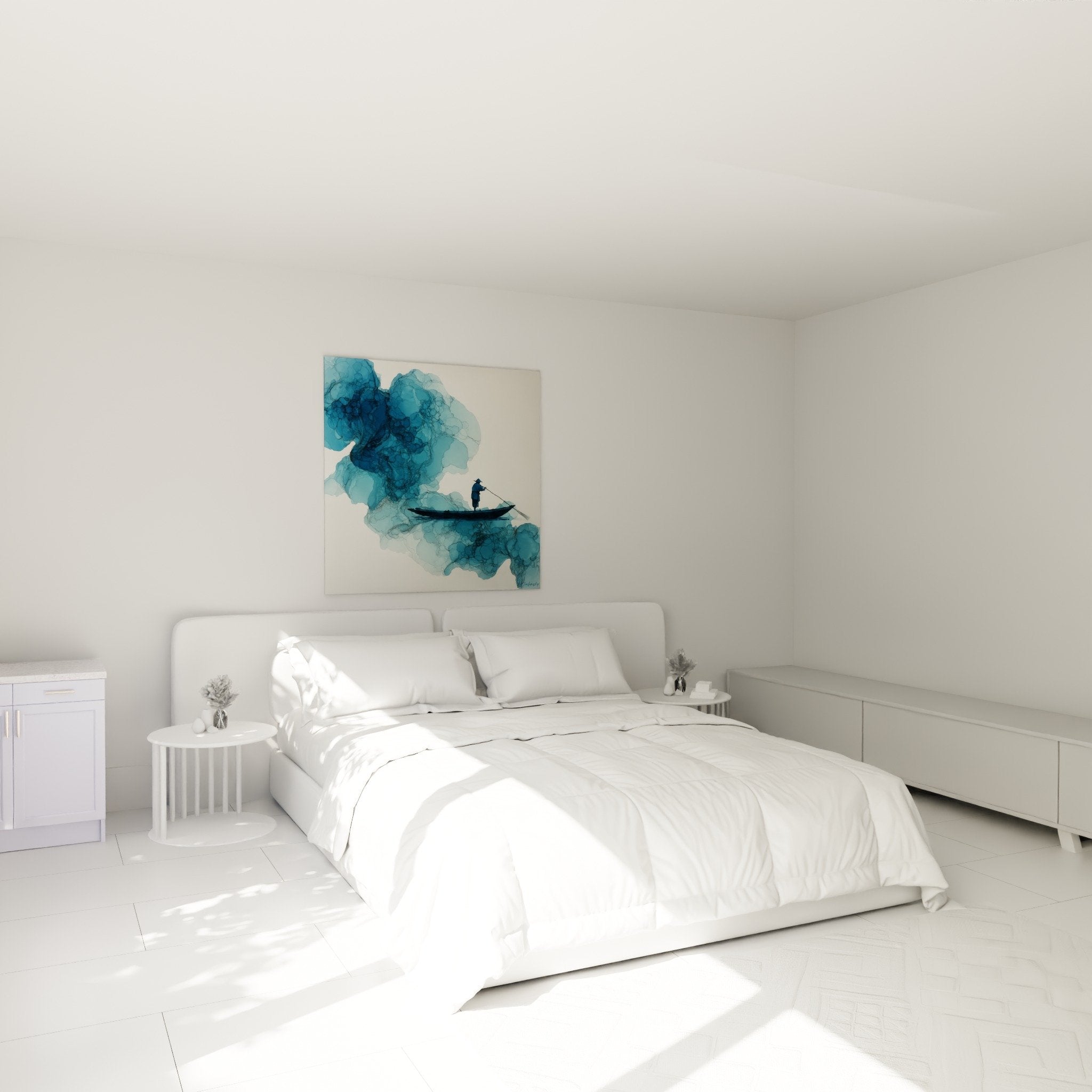 Blauer Angler Aquarell Gemälde im modernen Schlafzimmer beruhigende Wanddekoration Feng Shui