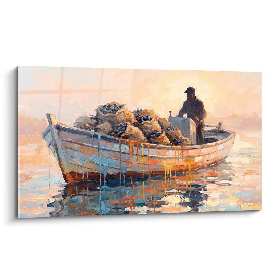 Tableau Pêcheur au Coucher de Soleil dans sa Barque Chargée de Coquillages - Lumière Dorée Marine - Edition Moule
