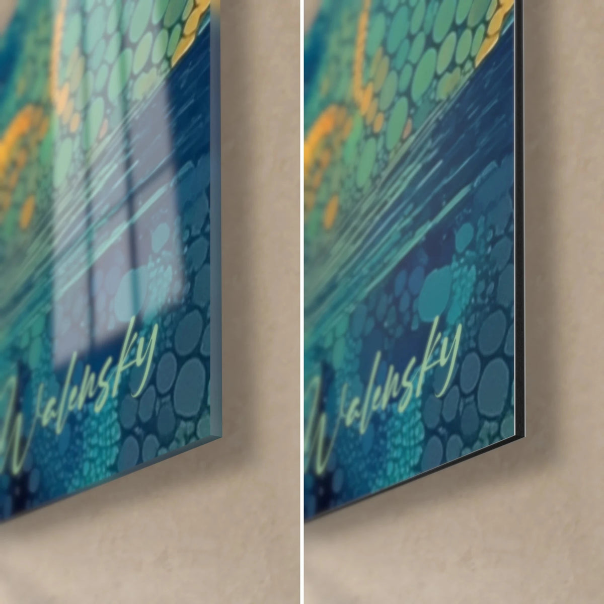 Wall art boat and fisherman in colourful dots, bottom right corner: glossy blue and gold acrylic glass, 3 mm thick, matte Dibond aluminium