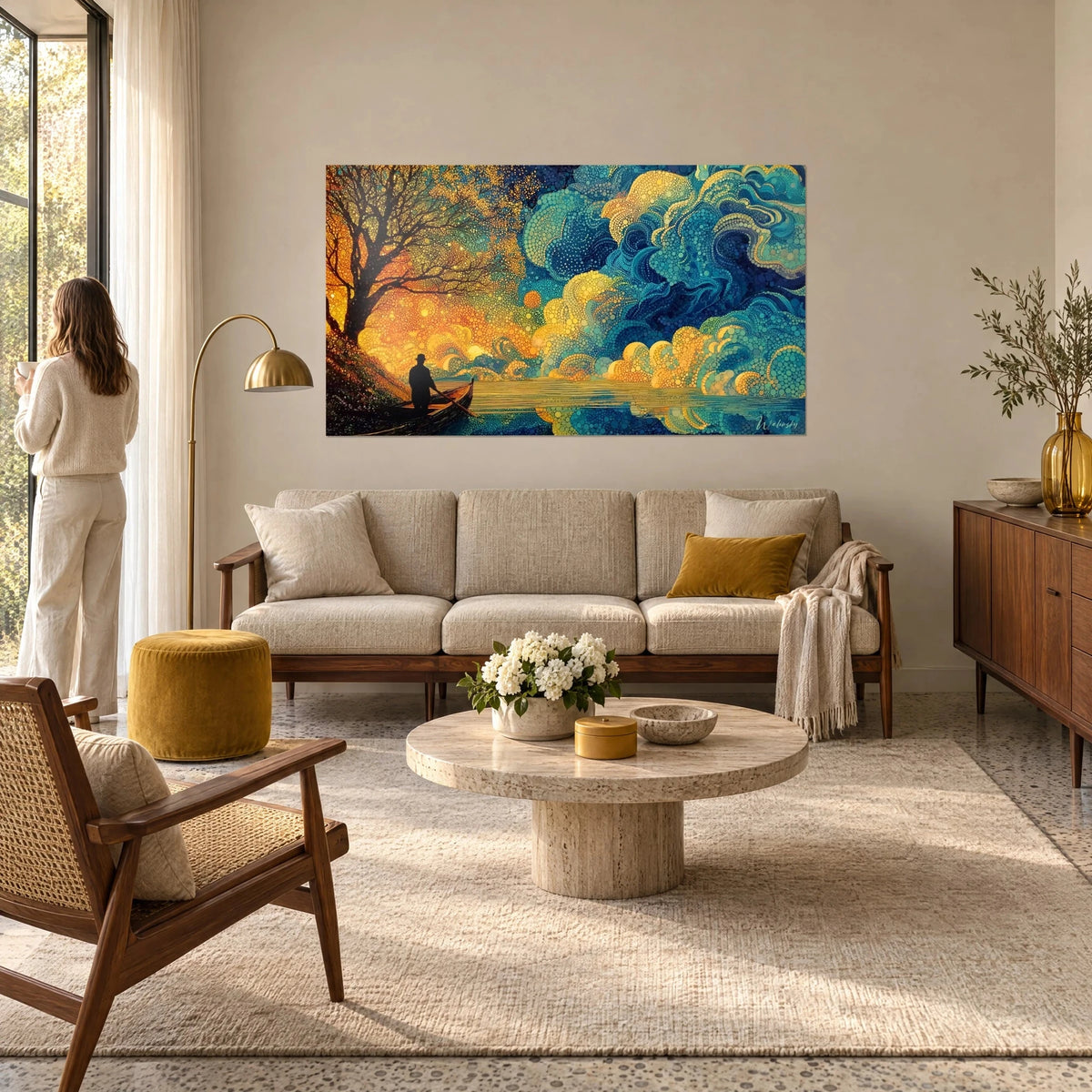 Wall art fisherman in a boat under an amber tree, teal swirling sky in pointillism, above a sofa in a bright living room