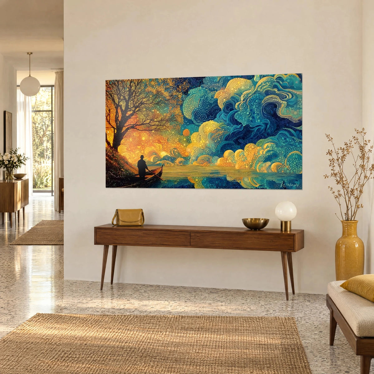 Wall art silhouette in a bowler hat on a boat, golden lake and turquoise clouds of small dots, on a wooden console