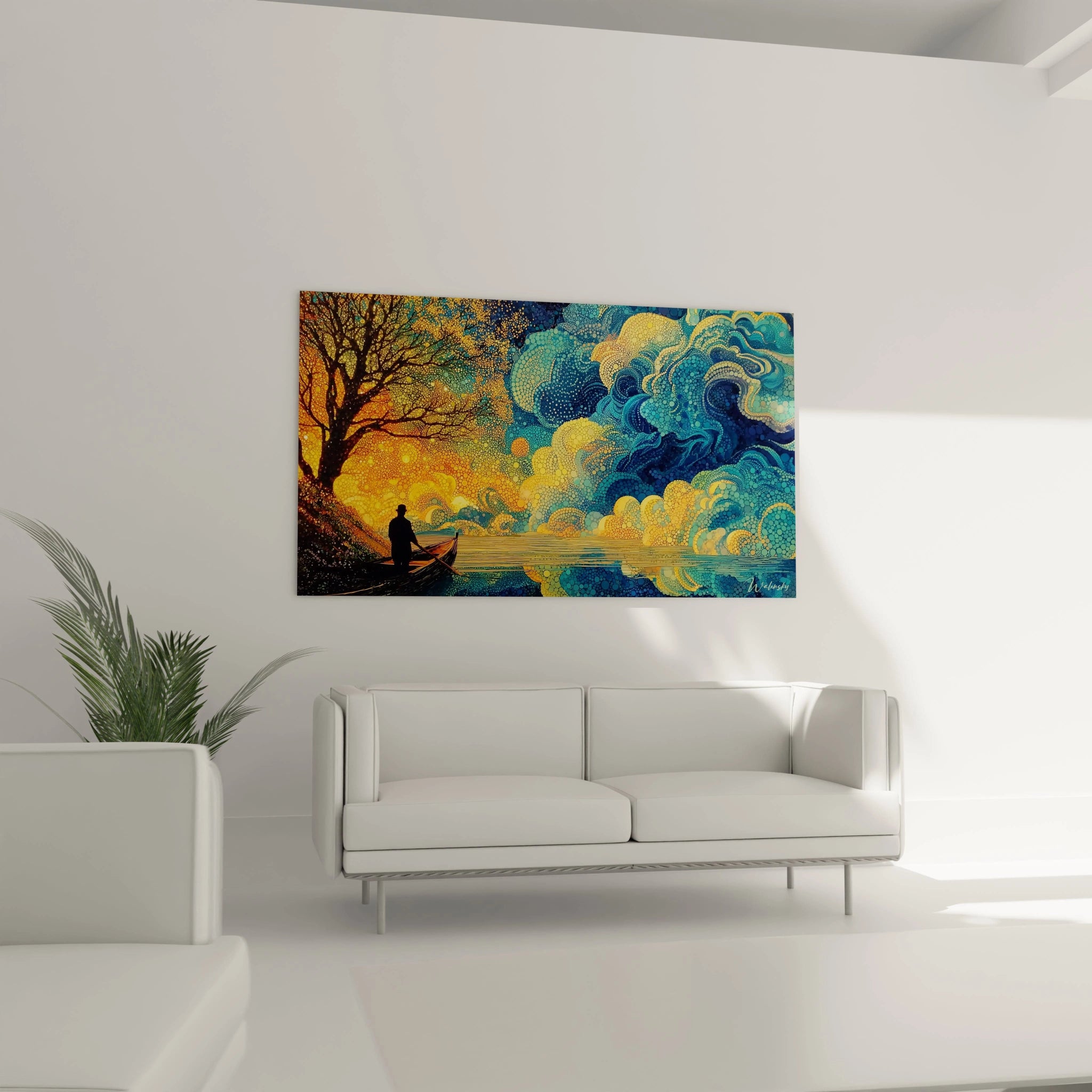 Tableau mural Walensky tableau pointillisme pêcheur crépuscule montrant un pêcheur solitaire dans une barque au bord du lac