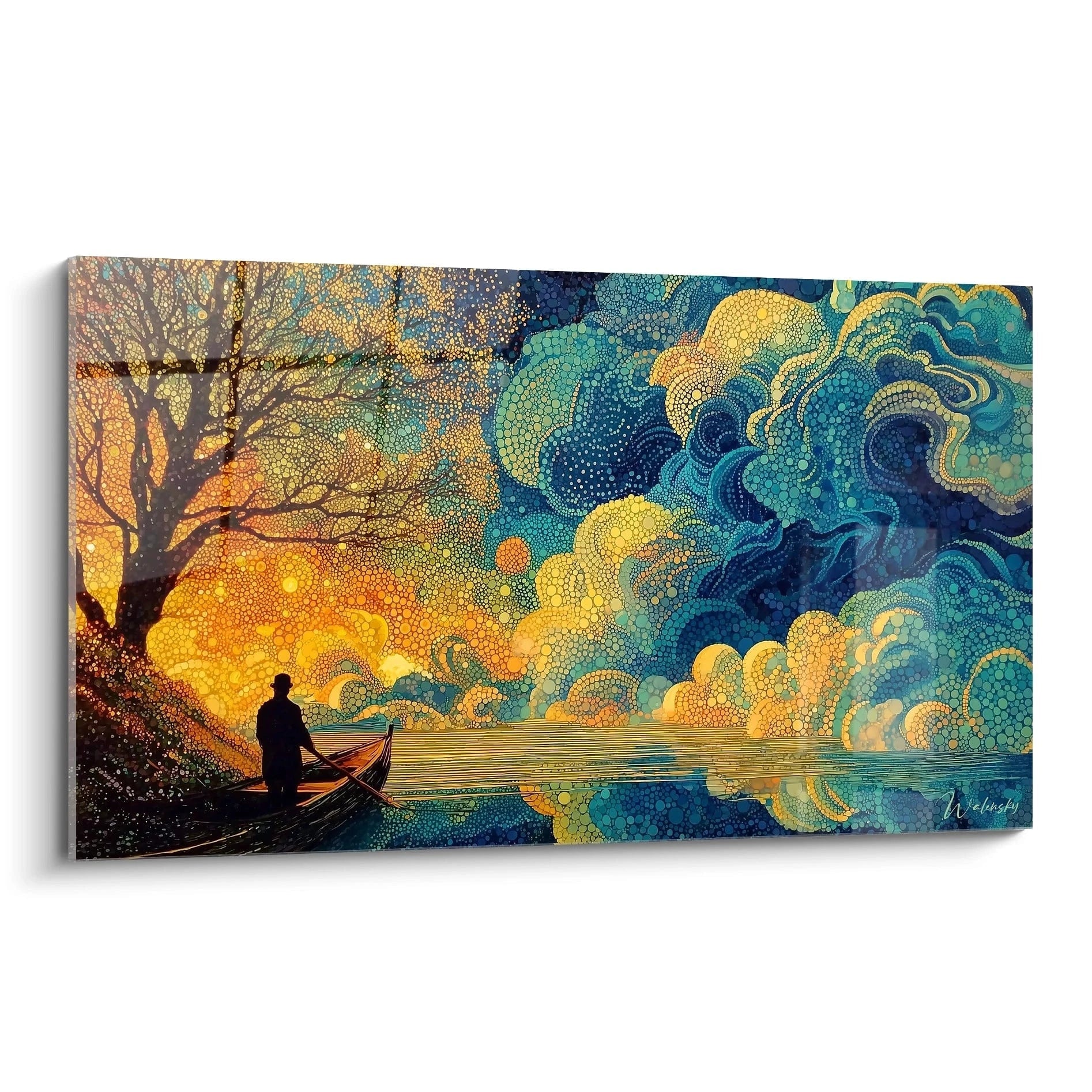 Tableau mural Walensky tableau pointillisme pêcheur crépuscule silhouette du pêcheur en barque au bord du lac