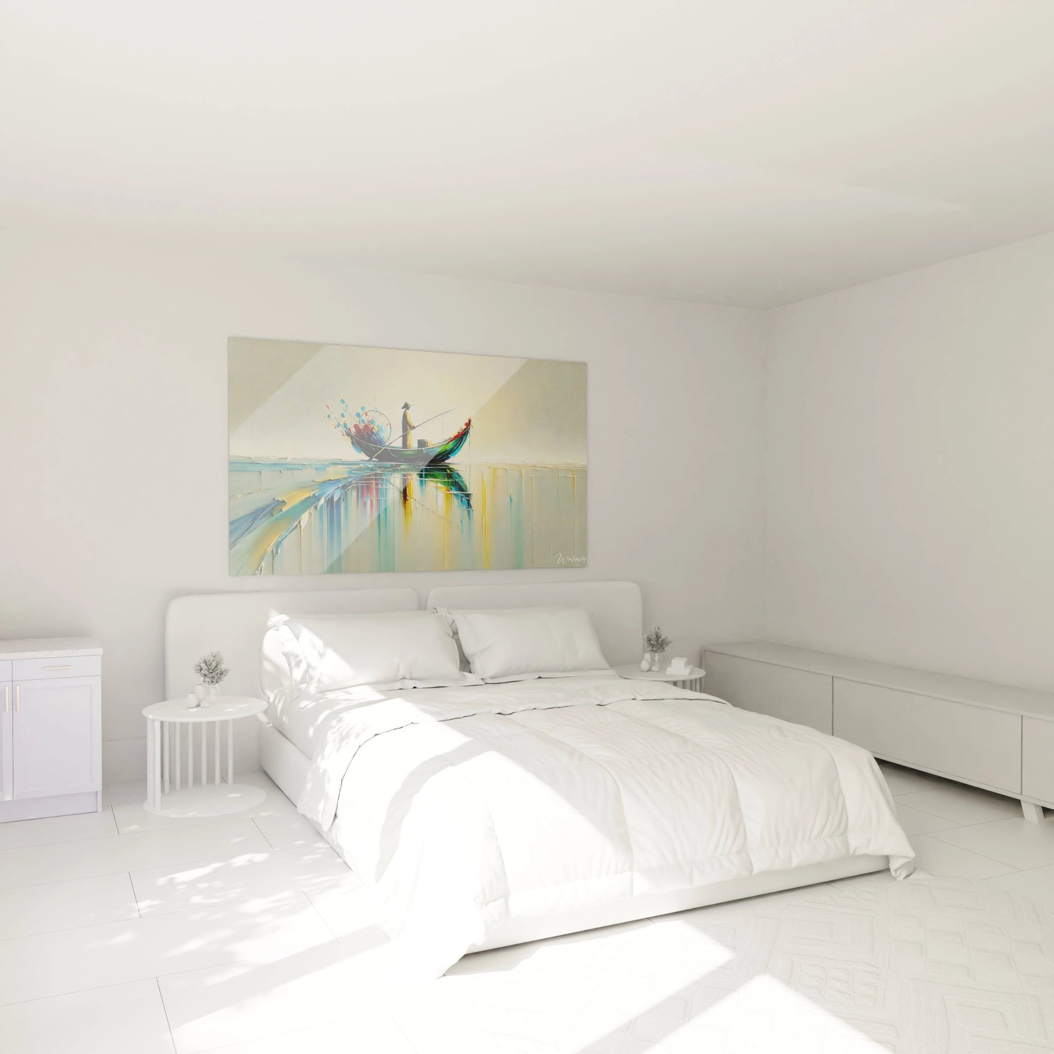 Tableau Marin au-dessus du lit dans une chambre. Cette œuvre invite à la sérénité, ajoutant une touche de quiétude et d'évasion maritime, parfaite pour instaurer une ambiance de rêve et de détente

