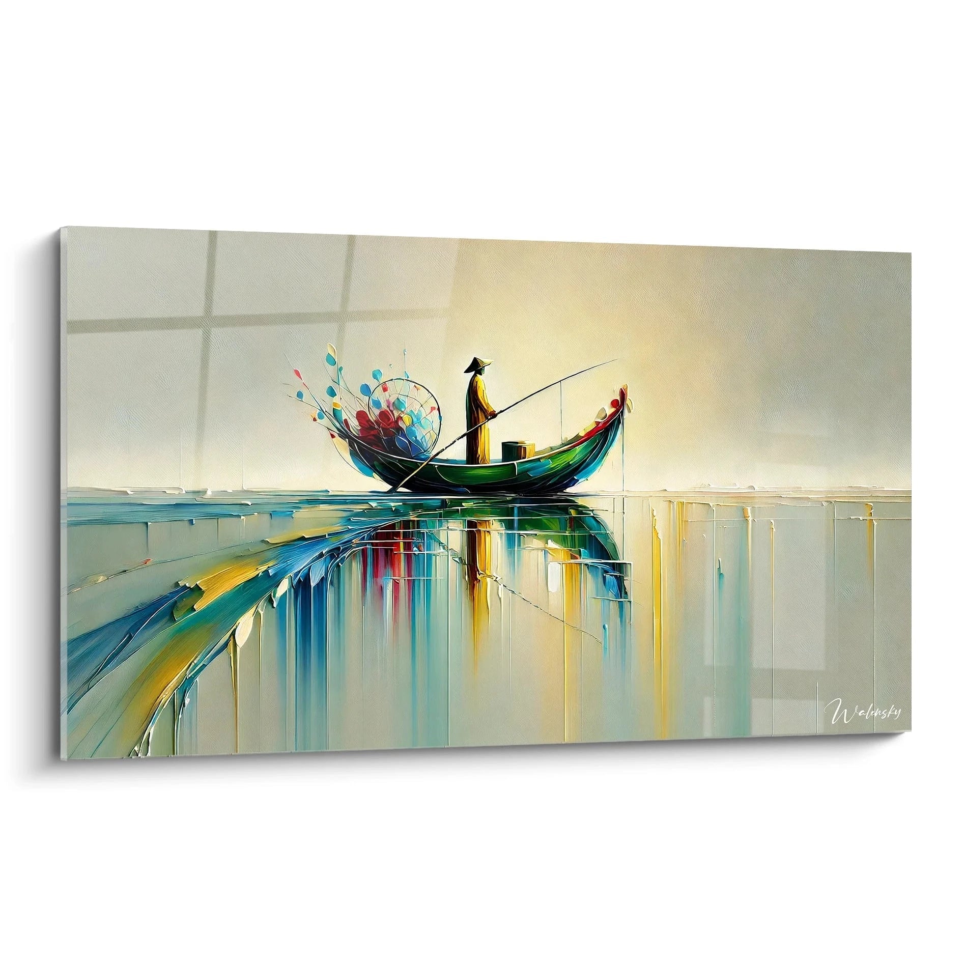 Tableau Marin vue de biais capturant une scène paisible entre rêve et réalité. Couleurs vibrantes et reflets texturés créent une atmosphère apaisante et contemplative. Ideal pour un espace calme

