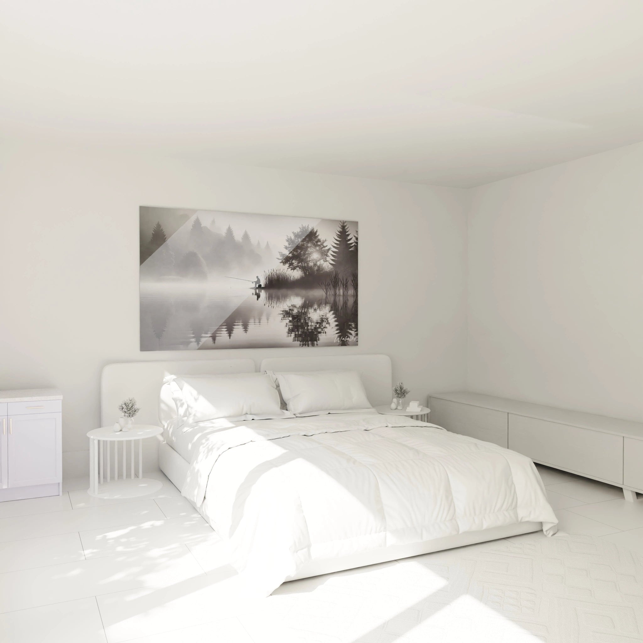 tableau noir et blanc au-dessus d un canapé dans un salon contemporain style minimaliste ombres délicates reflets naturels inspiration nature calme et mystère brume douce créant une harmonie visuelle

