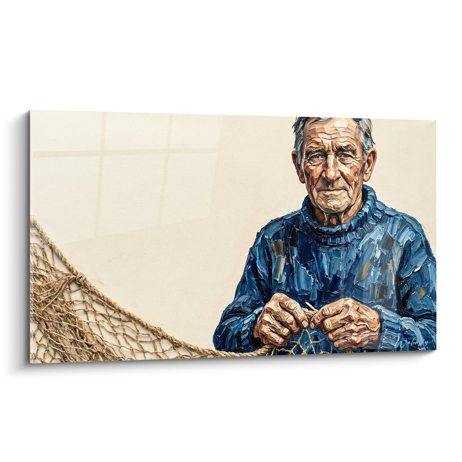 Tableau Portrait de Pêcheur de Rivière en Tricot Bleu Travaillant sa Ligne - Le Gardien du Courant - Edition Pêche en rivière