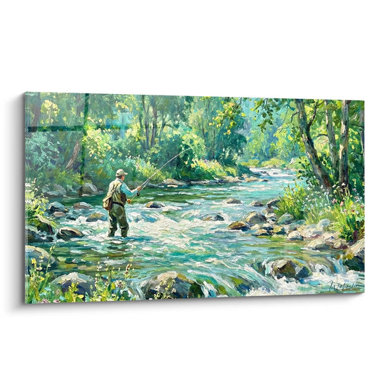 Fisherman in Waders River Painting Green and Turquoise Tones - Aquatic Serenity - River Fishing Edition