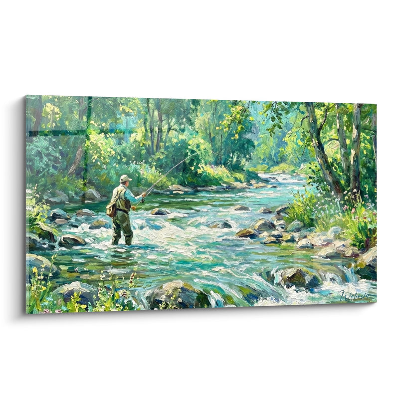 Tableau Fischer in Wathosen in Fluss mit grünen und türkisen Tönen - Aquatische Gelassenheit - Edition Flussangeln