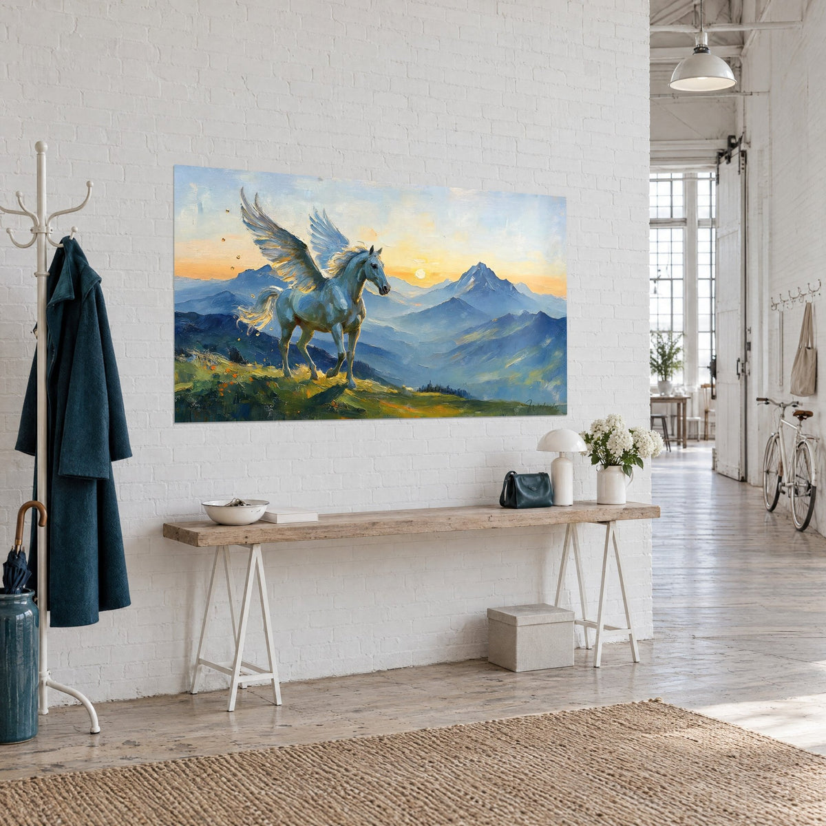 Tableau Pégase aux plumes ivoire cabré sur une crête verte, montagnes indigo, mur de briques blanches d'un loft