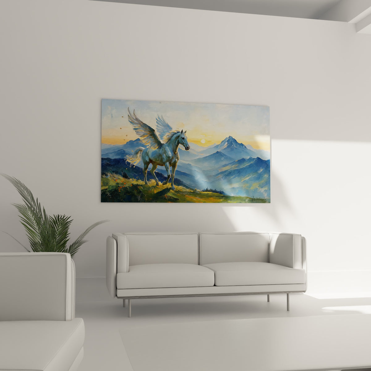 Créature ailée blanche sur fond bleu ciel et sommets enneigés, au-dessus d'un canapé dans un salon lumineux
