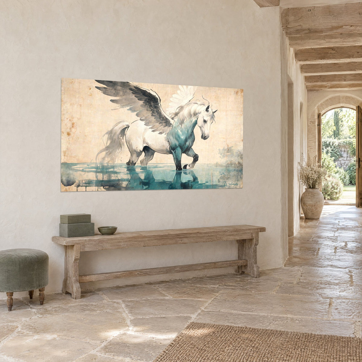 Tableau étalon ailé d'un blanc crème pataugeant dans l'eau turquoise, fond beige taché, accroché sur un mur de pierre ocre