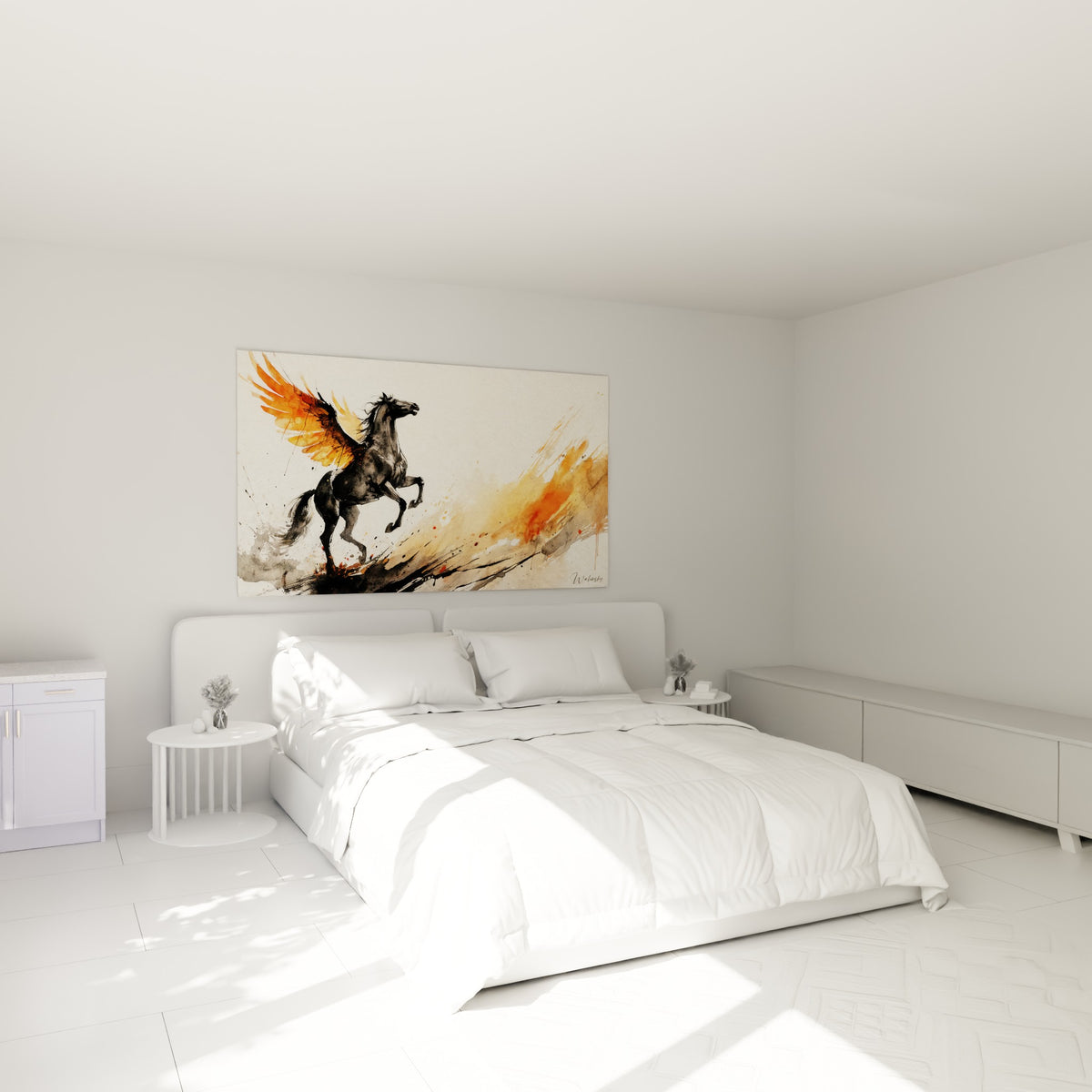 Créature ailée noire et ocre en plein élan, accrochée au-dessus d'un lit dans une chambre claire