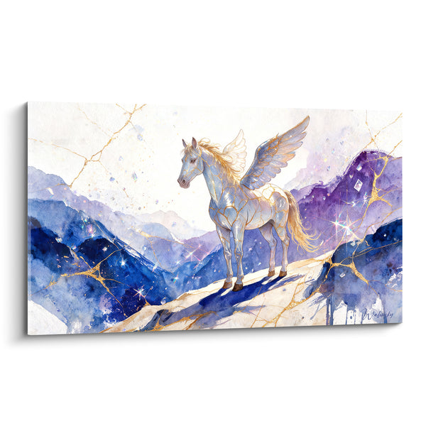 Tableau Cheval ailé blanc et bleu aux fêlures dorées - Veille avant l'envol - Edition Pégase