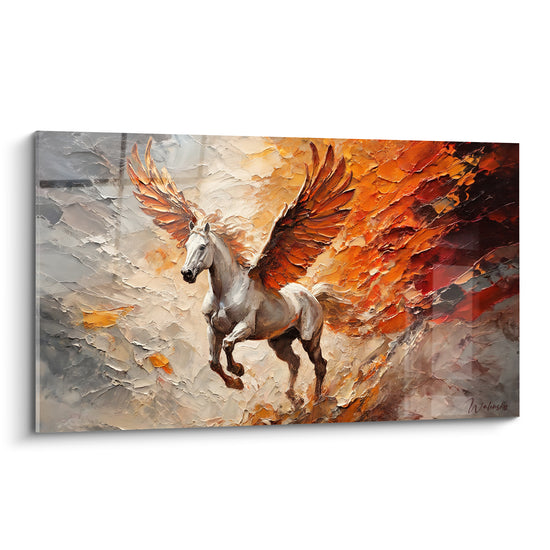 Tableau Cheval ailé blanc et roux au galop dans les flammes - Fond gris texturé - Edition Pégase